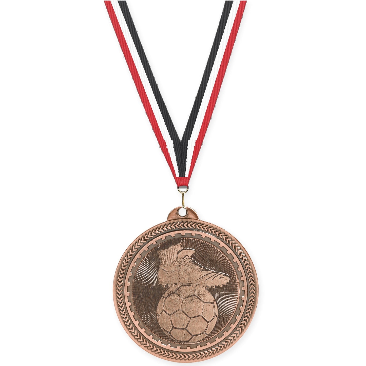 2 inch soccer medal in antique bronze with Red White Black neck ribbon