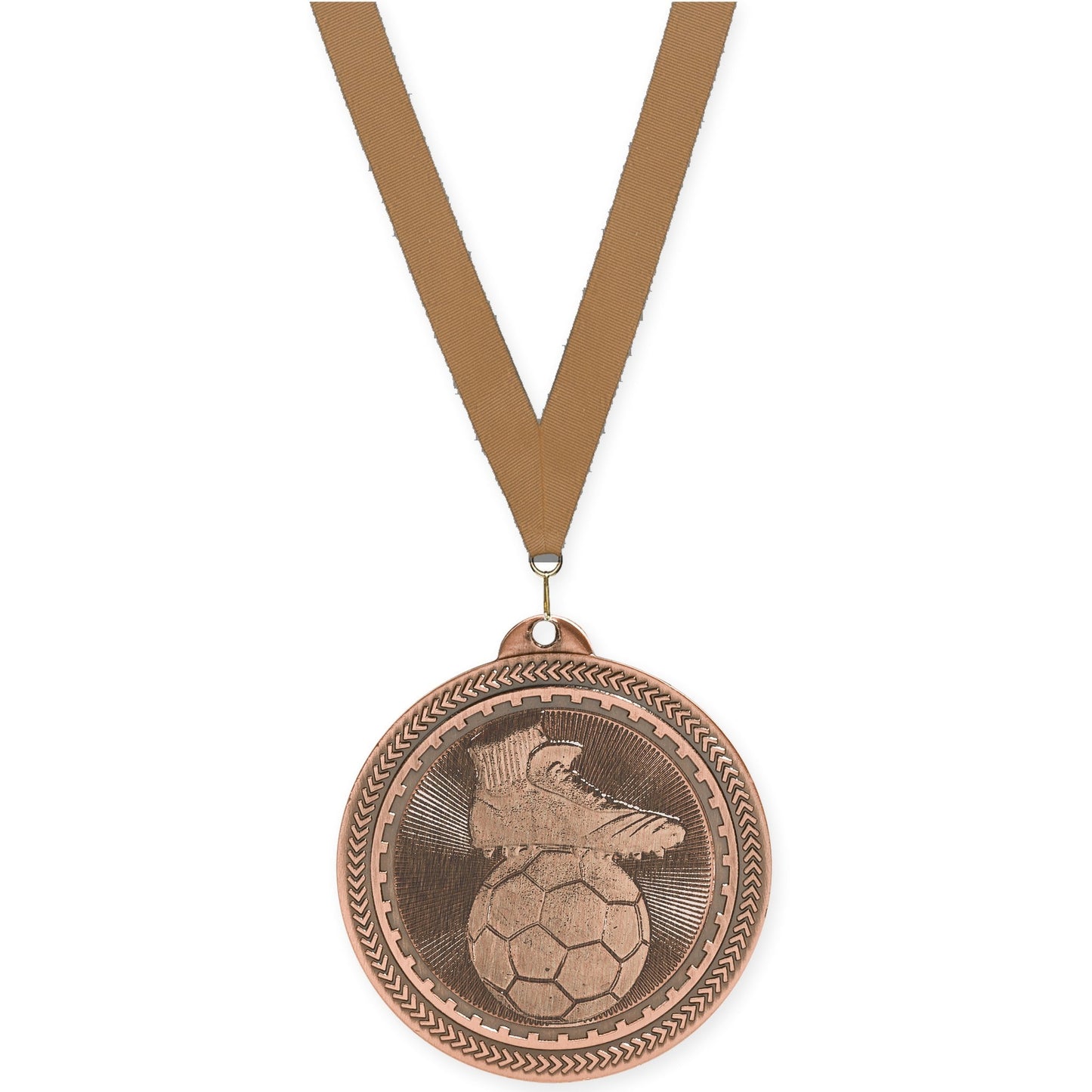 2 inch soccer medal in antique bronze with Bronze Metallic neck ribbon