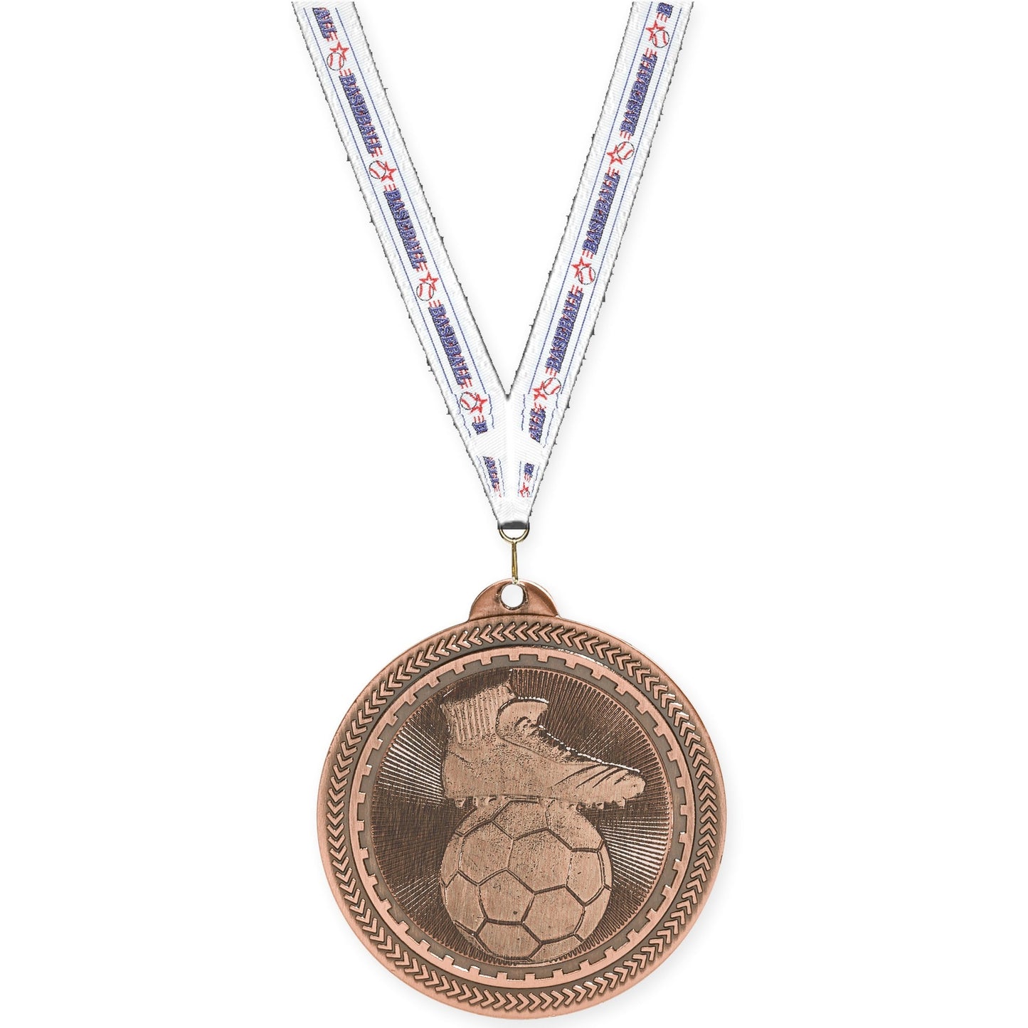 2 inch soccer medal in antique bronze with Baseball neck ribbon