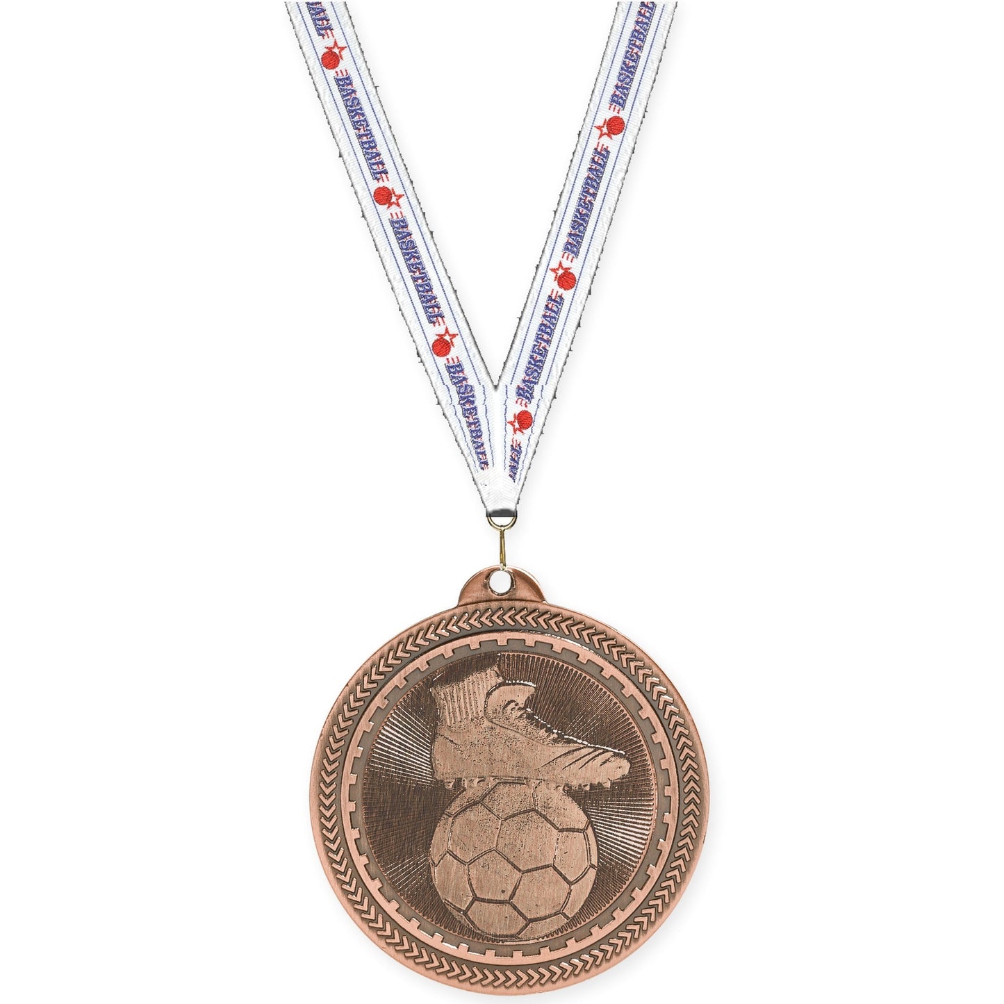 2 inch soccer medal in antique bronze with Basketball neck ribbon