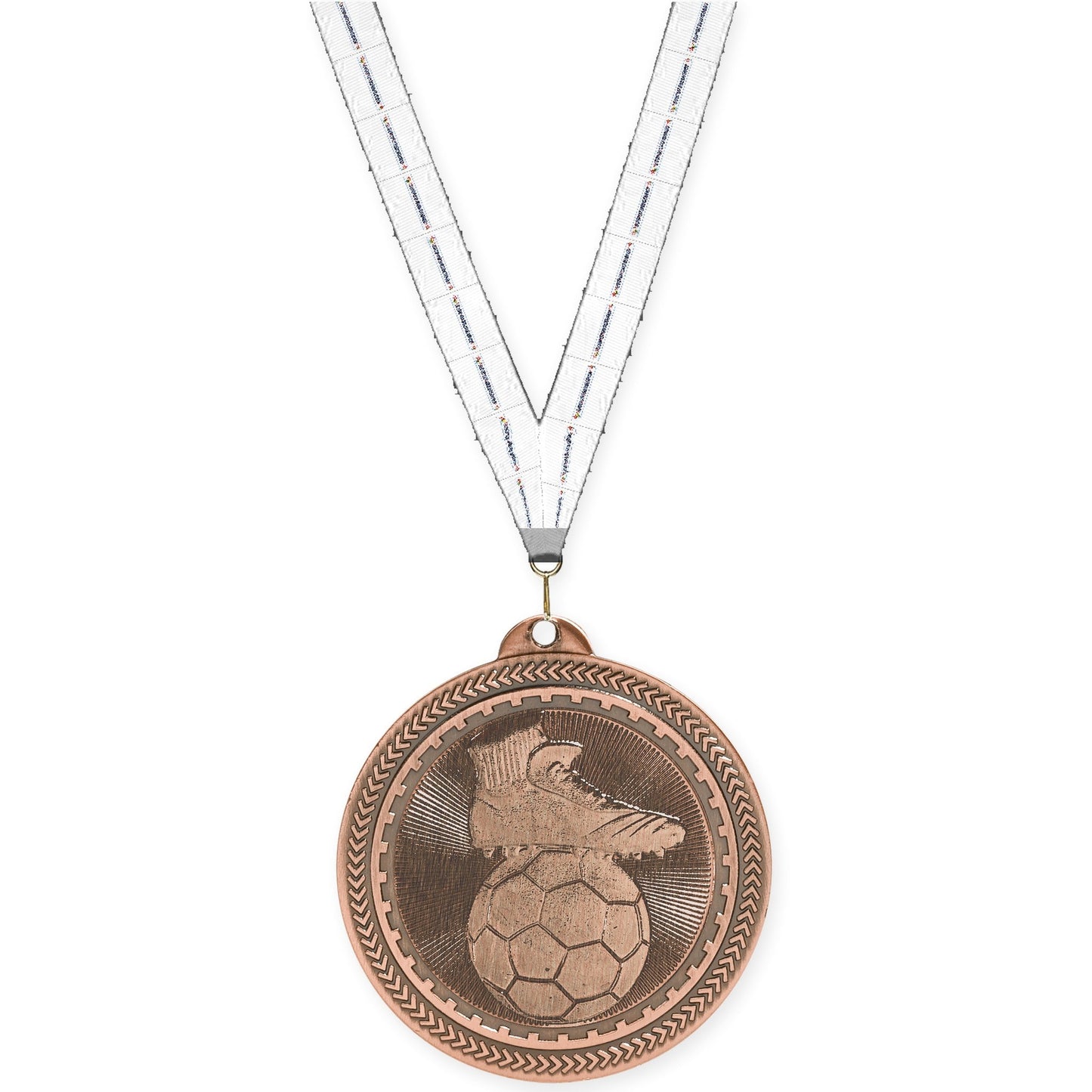 2 inch soccer medal in antique bronze with Lamp Of Knowledge neck ribbon