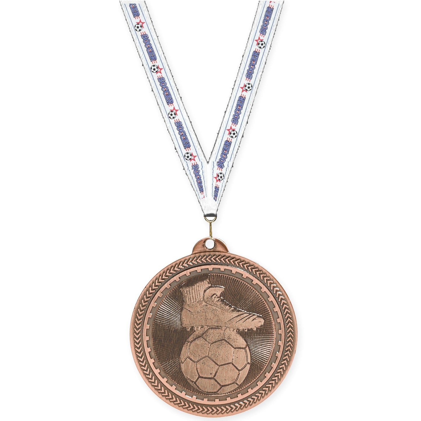 2 inch soccer medal in antique bronze with Soccer neck ribbon
