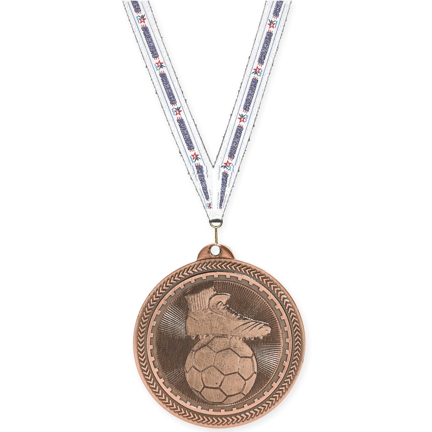 2 inch soccer medal in antique bronze with Swimming neck ribbon