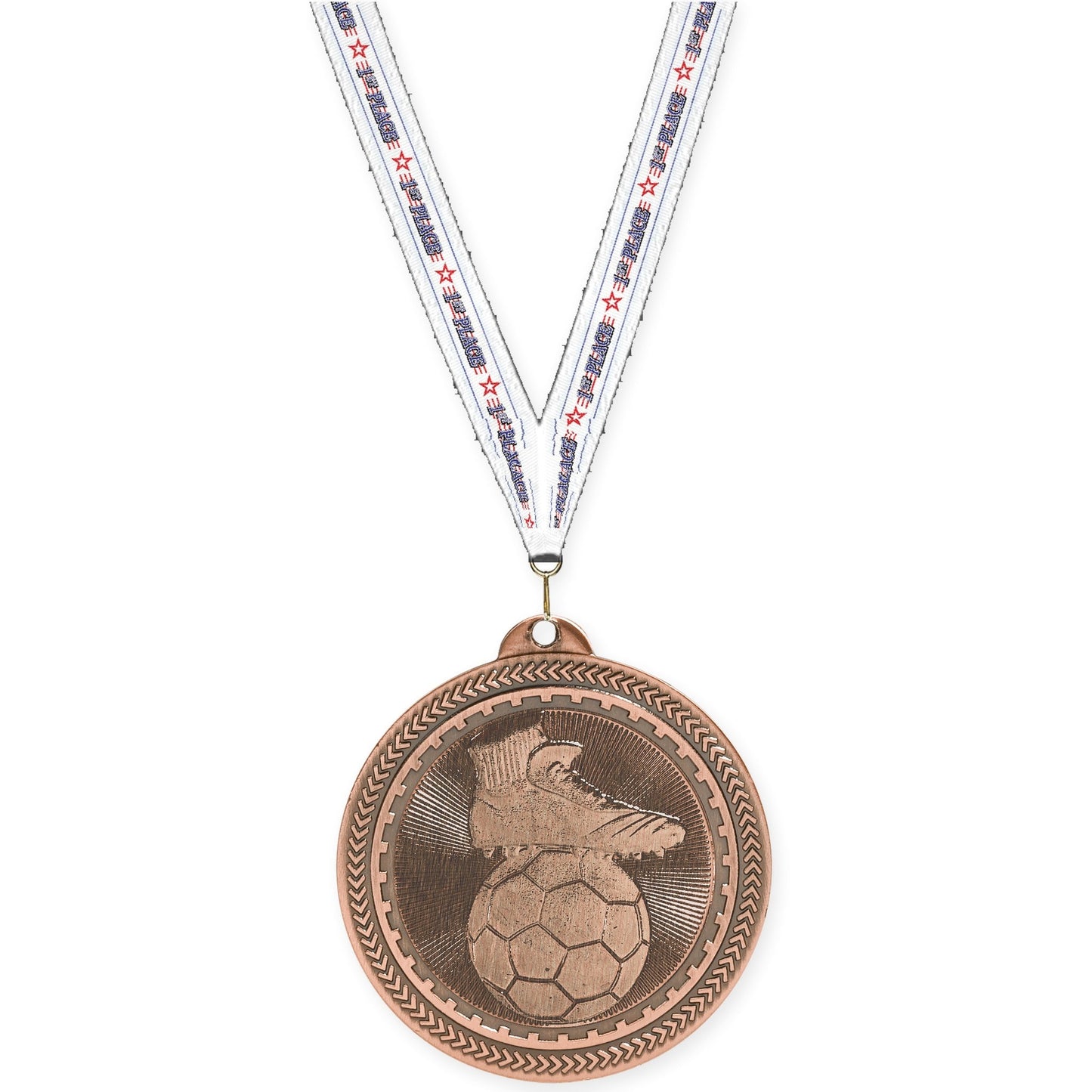 2 inch soccer medal in antique bronze with 1st Place neck ribbon