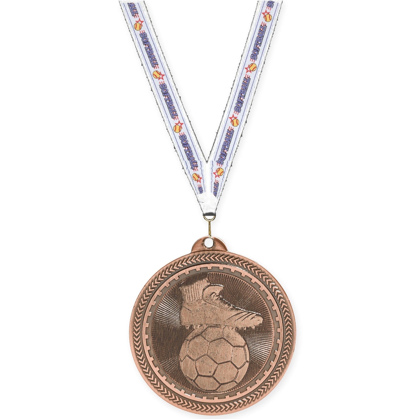 2 inch soccer medal in antique bronze with Softball neck ribbon