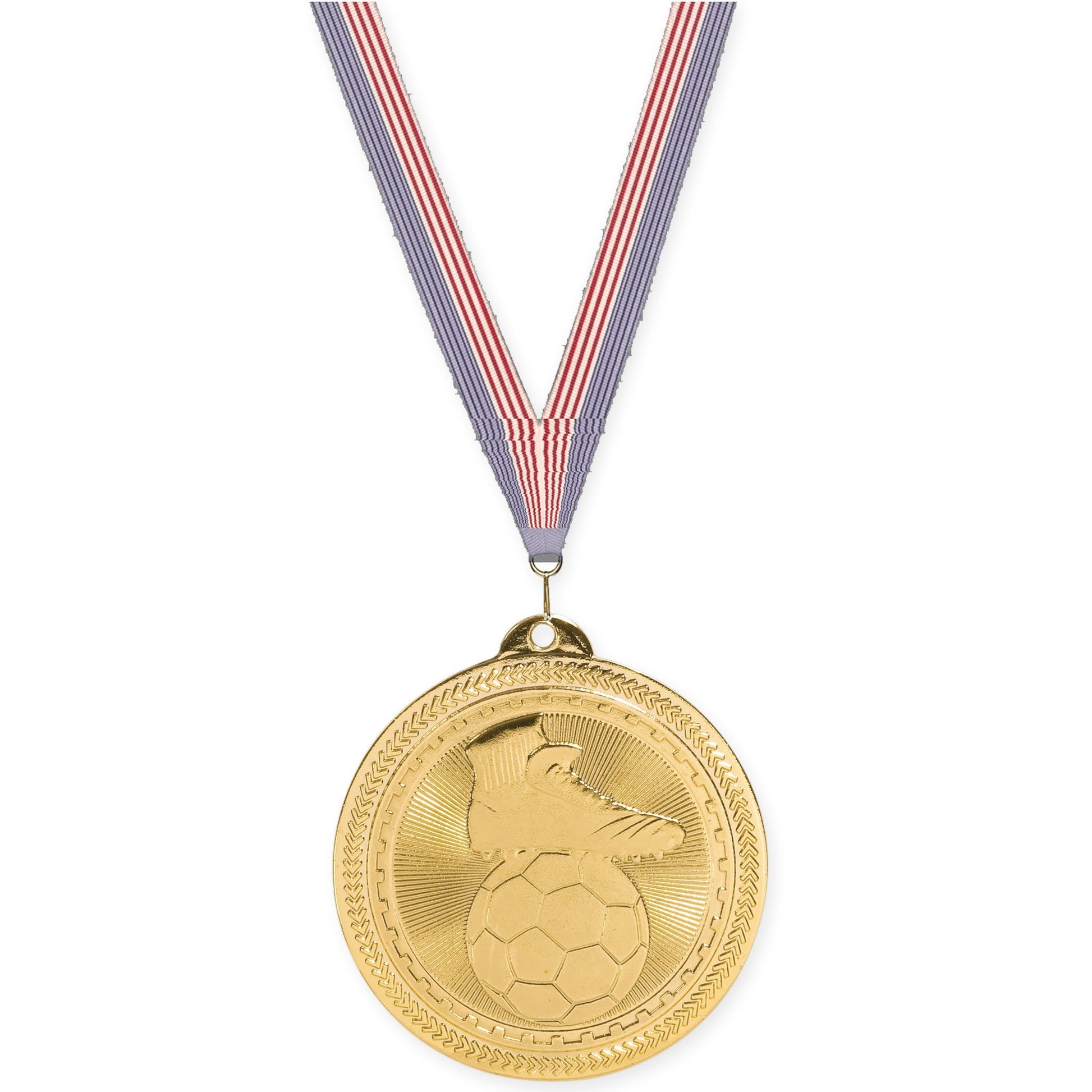 2 inch soccer medal in bright gold with USA Flag neck ribbon
