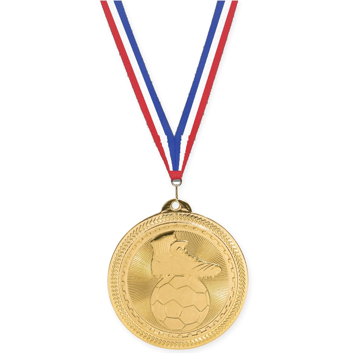 2 inch soccer medal in bright gold with Red White Blue neck ribbon