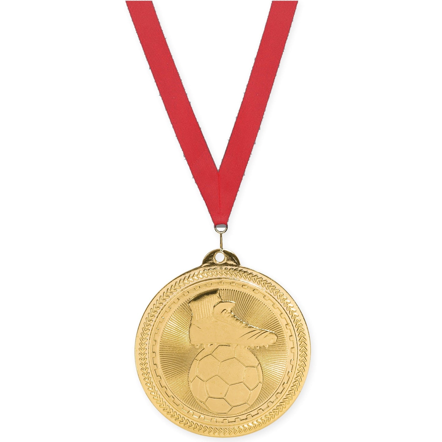 2 inch soccer medal in bright gold with Red neck ribbon