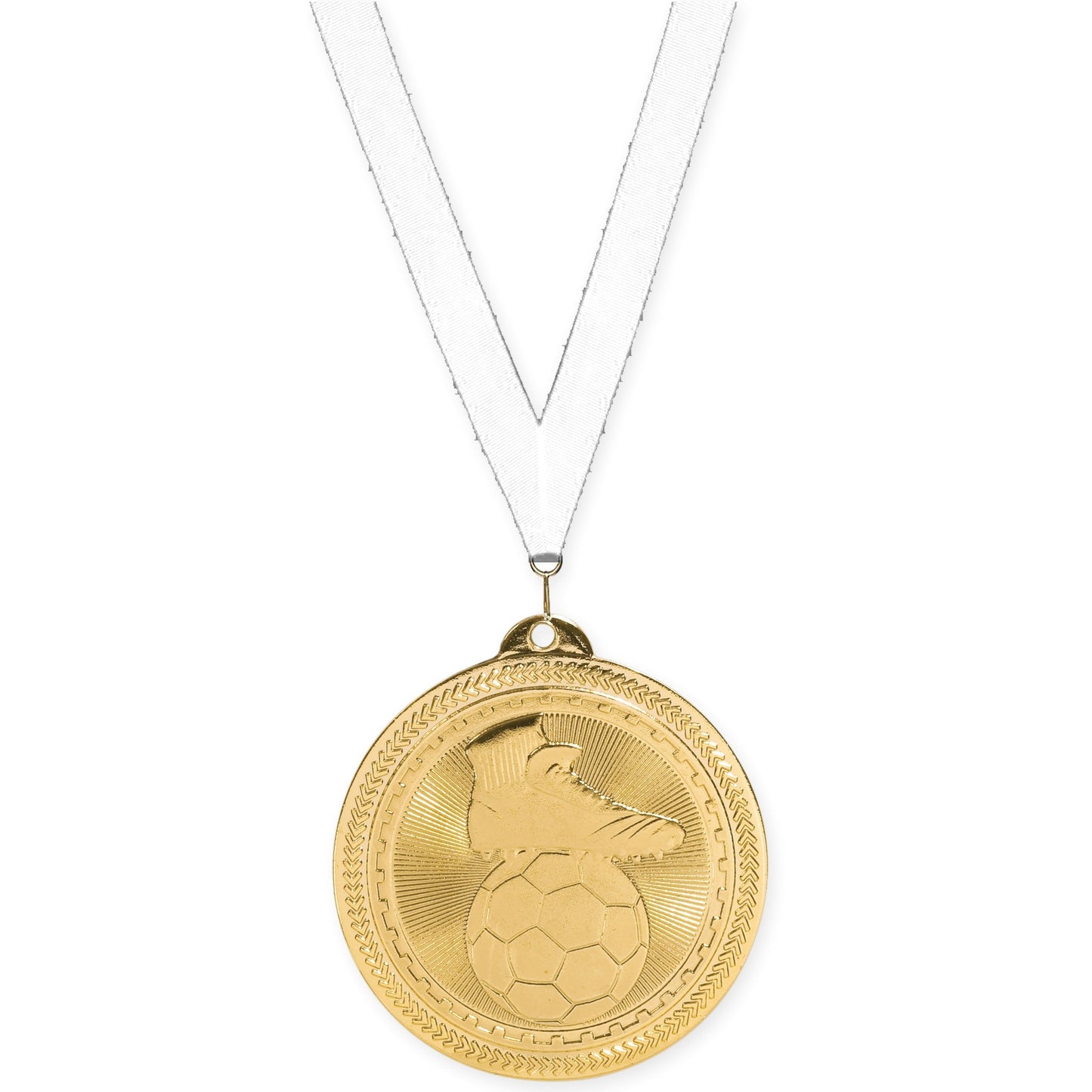 2 inch soccer medal in bright gold with White neck ribbon