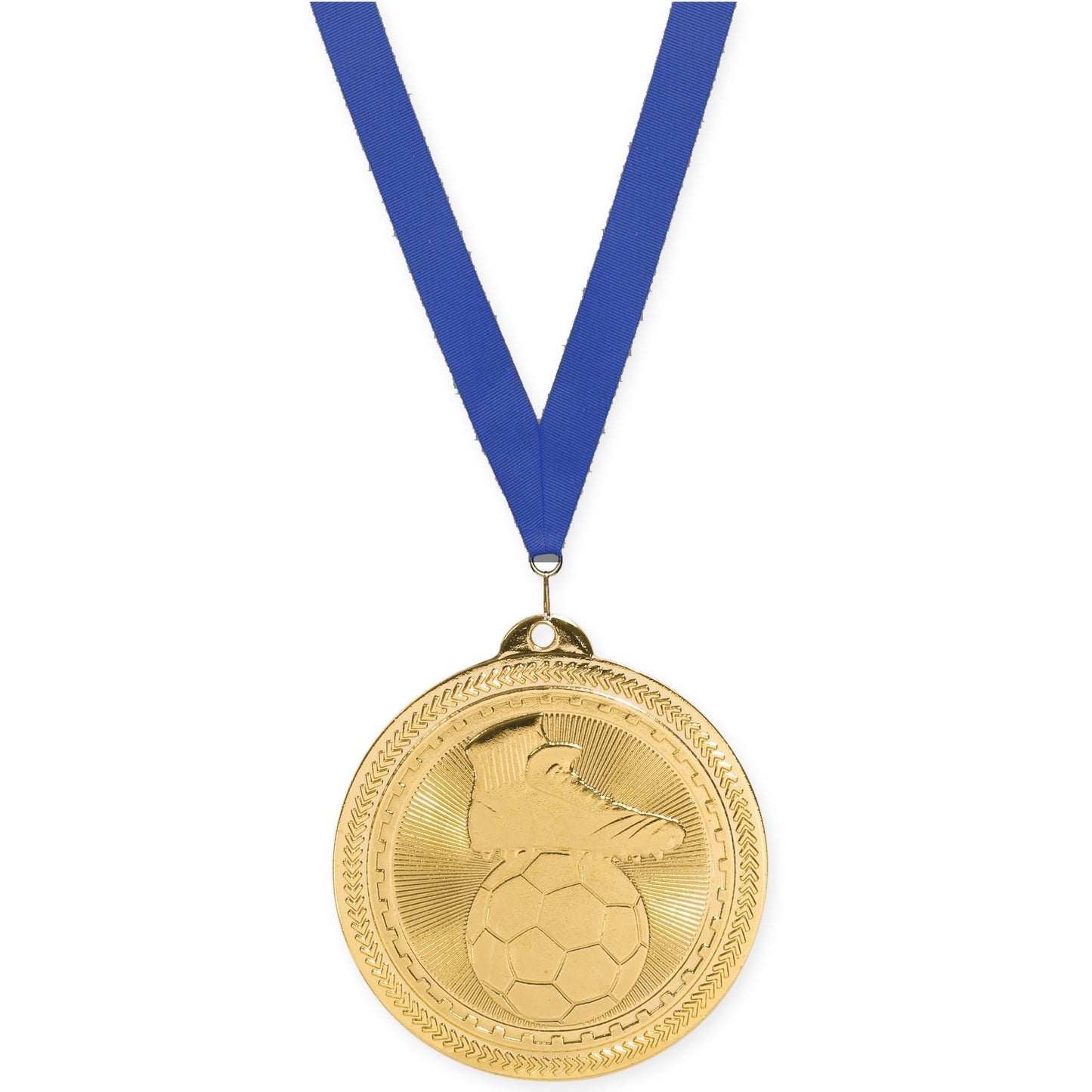 2 inch soccer medal in bright gold with Blue neck ribbon