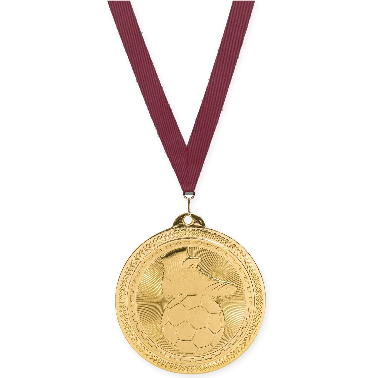 2 inch soccer medal in bright gold with Maroon neck ribbon