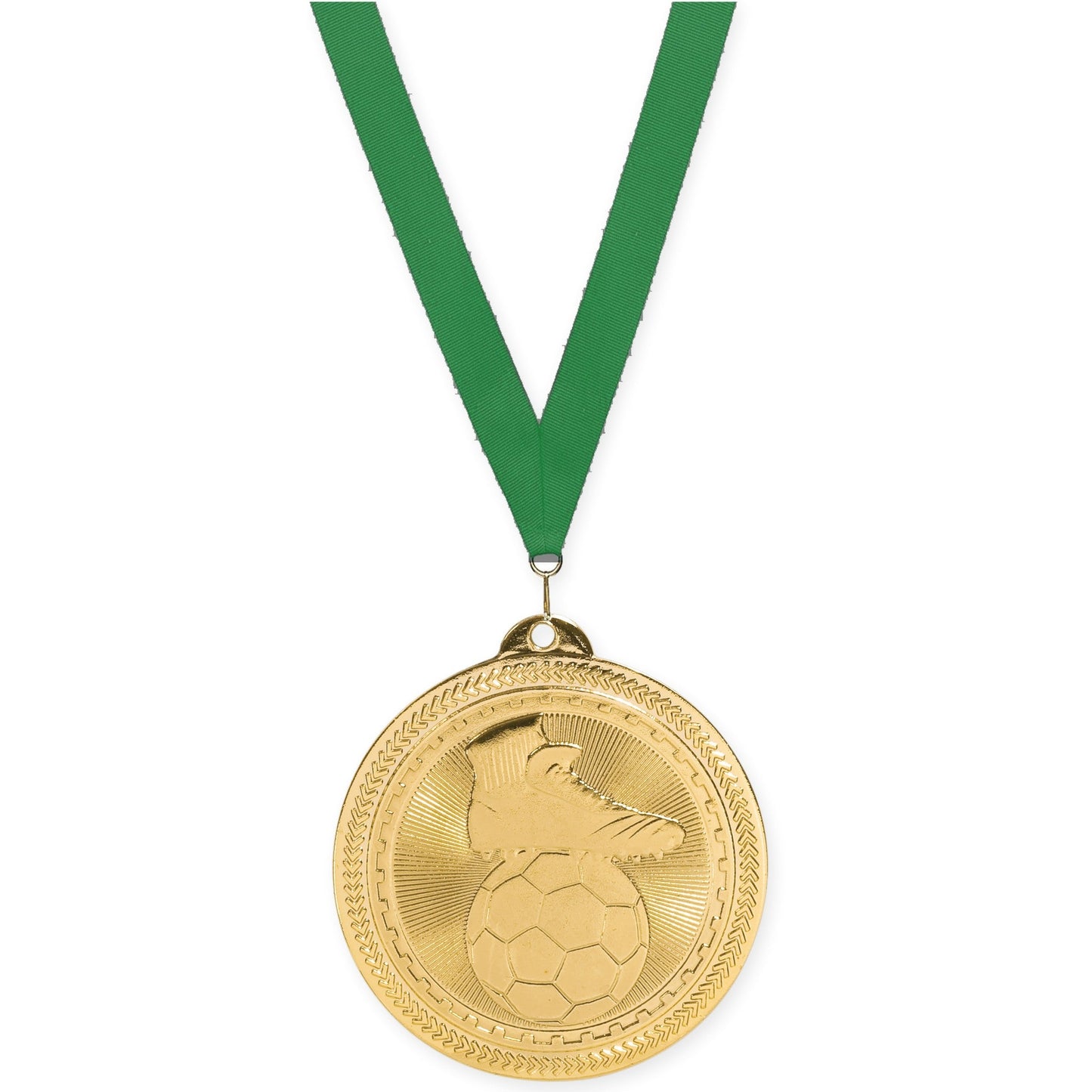 2 inch soccer medal in bright gold with Green neck ribbon