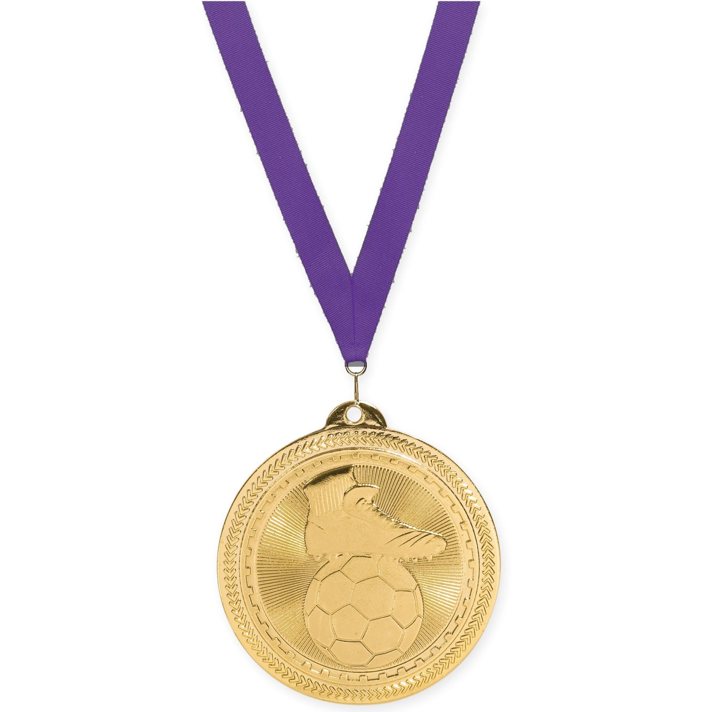 2 inch soccer medal in bright gold with Purple neck ribbon