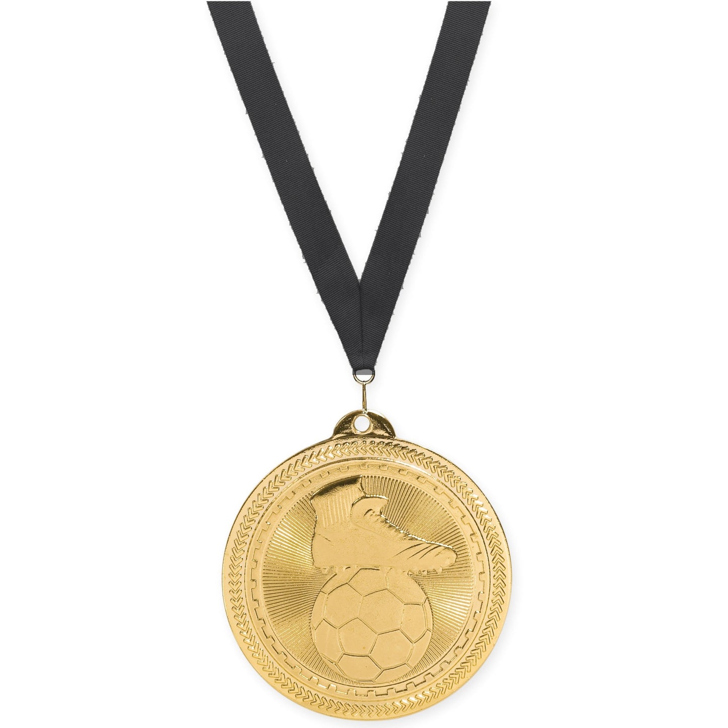2 inch soccer medal in bright gold with Black neck ribbon