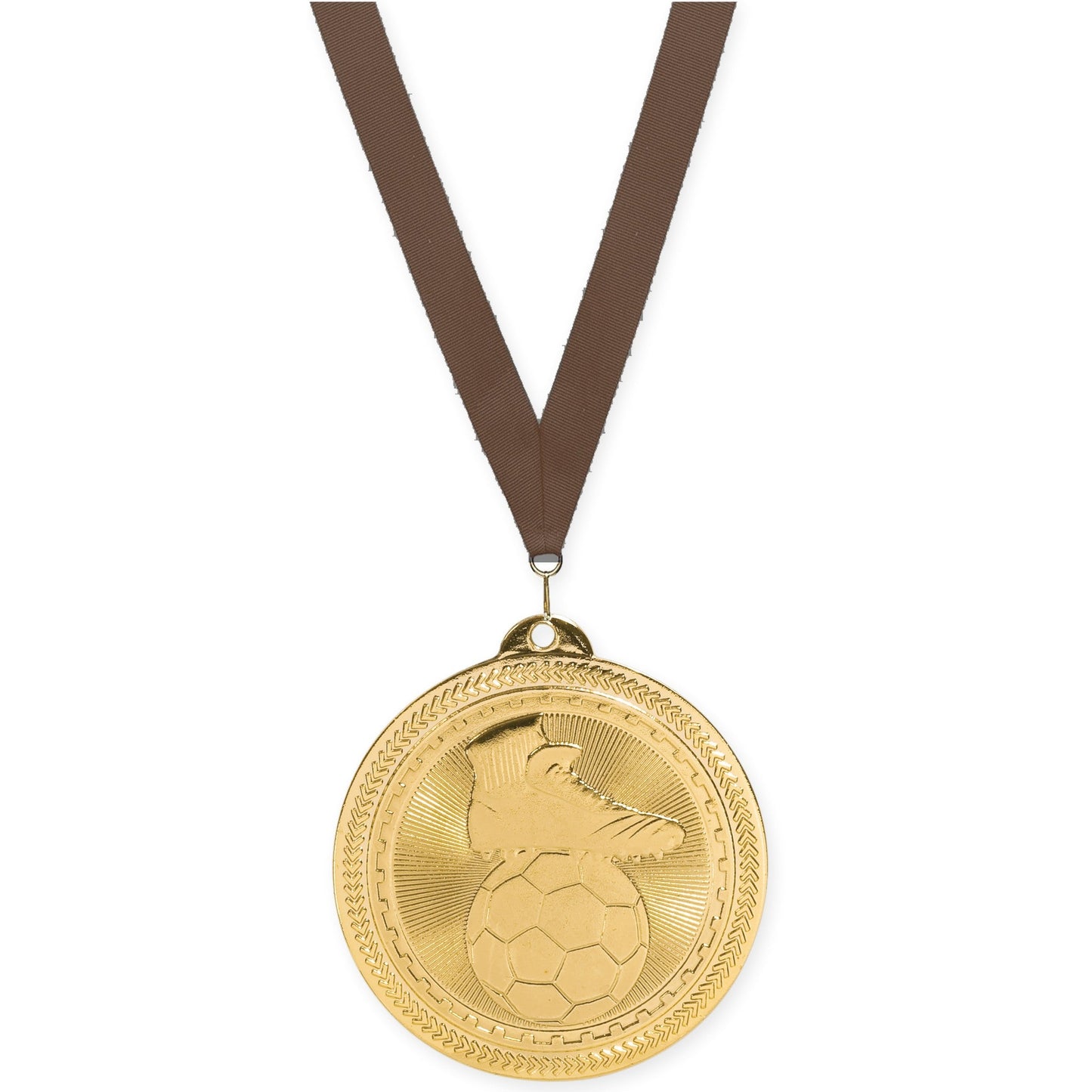 2 inch soccer medal in bright gold with Brown neck ribbon
