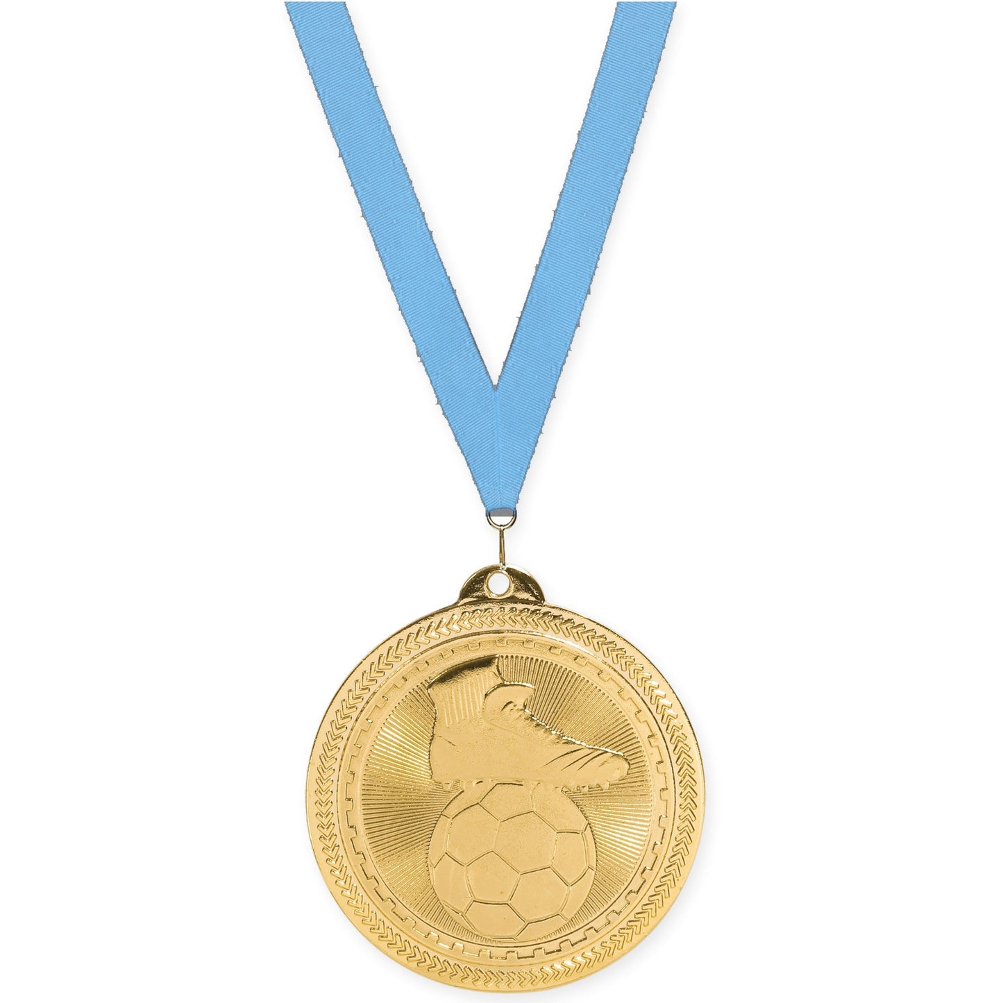 2 inch soccer medal in bright gold with Light Blue neck ribbon