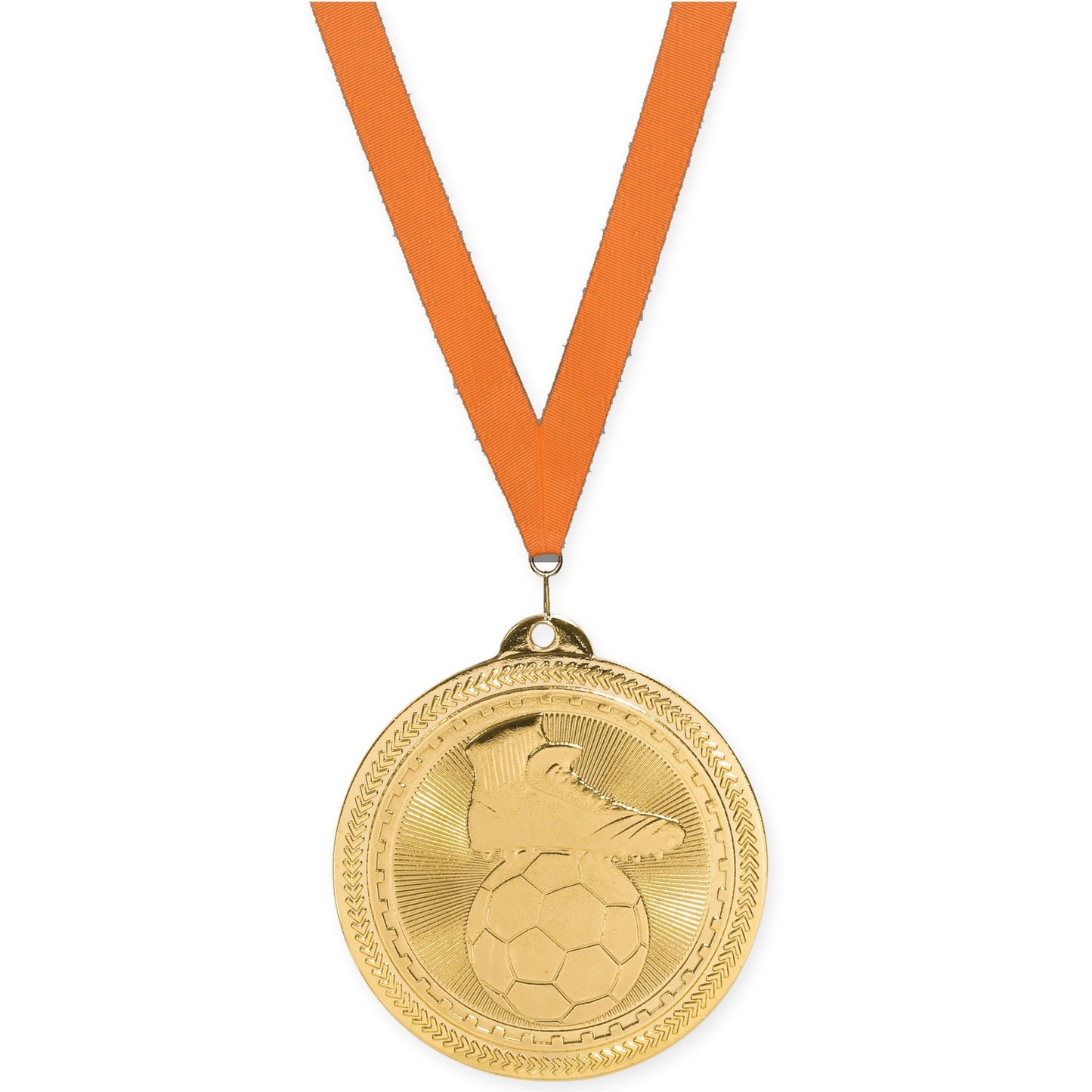 2 inch soccer medal in bright gold with Orange neck ribbon
