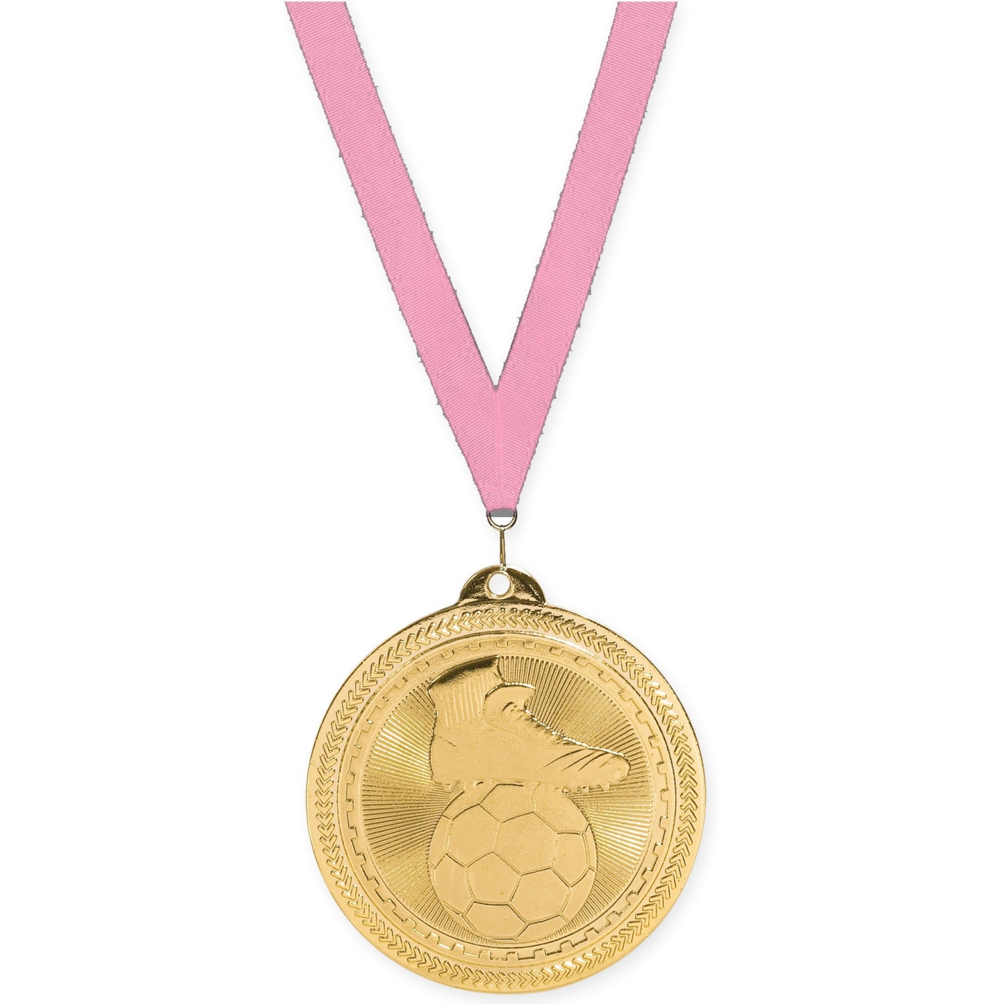 2 inch soccer medal in bright gold with Pink neck ribbon