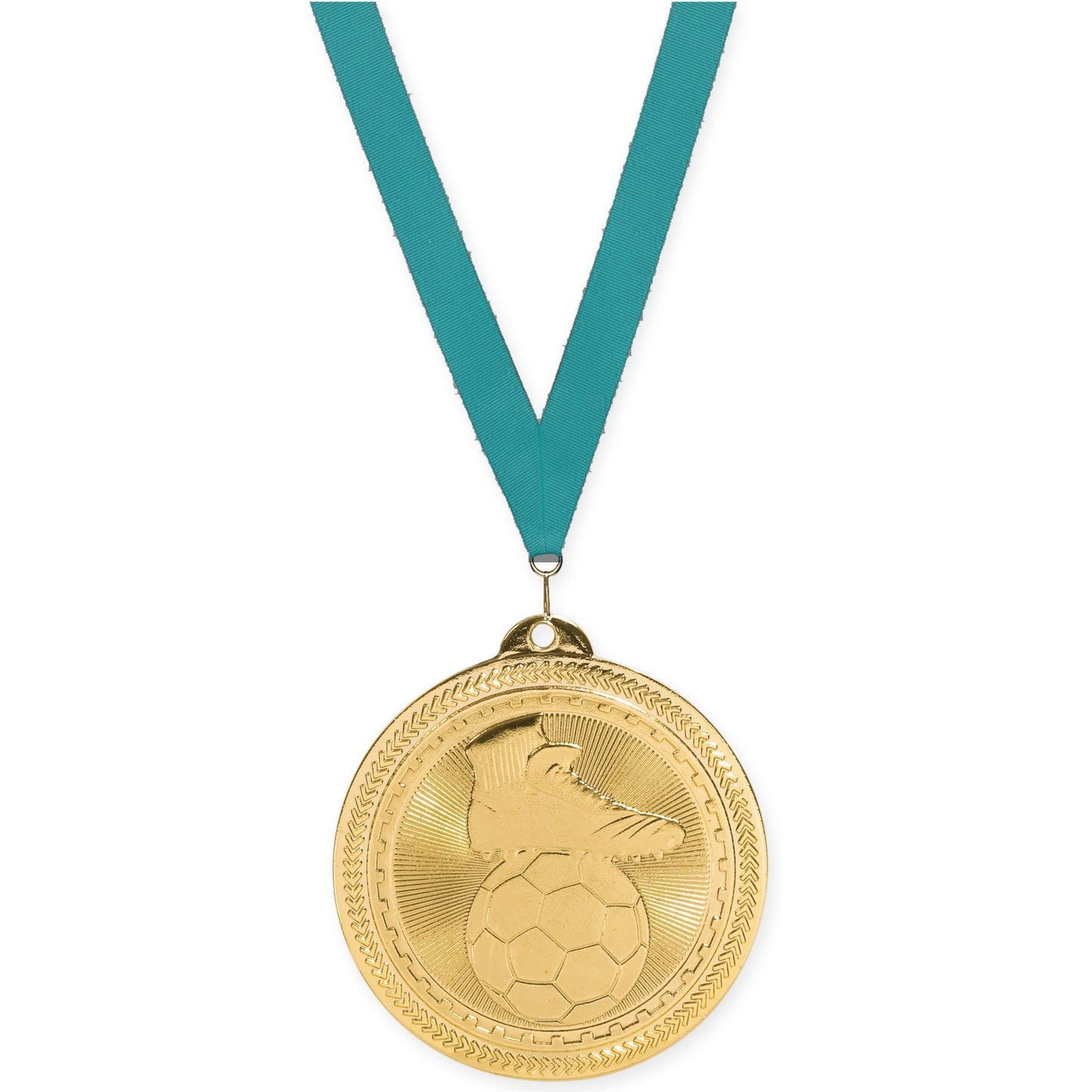 2 inch soccer medal in bright gold with Teal neck ribbon