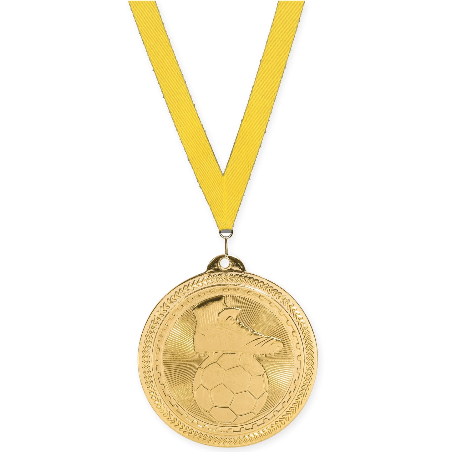 2 inch soccer medal in bright gold with Yellow neck ribbon