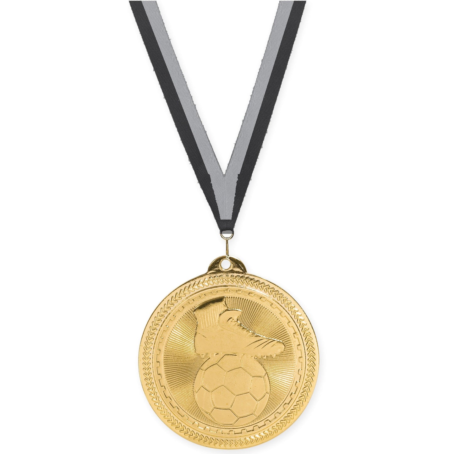 2 inch soccer medal in bright gold with Black Gray neck ribbon