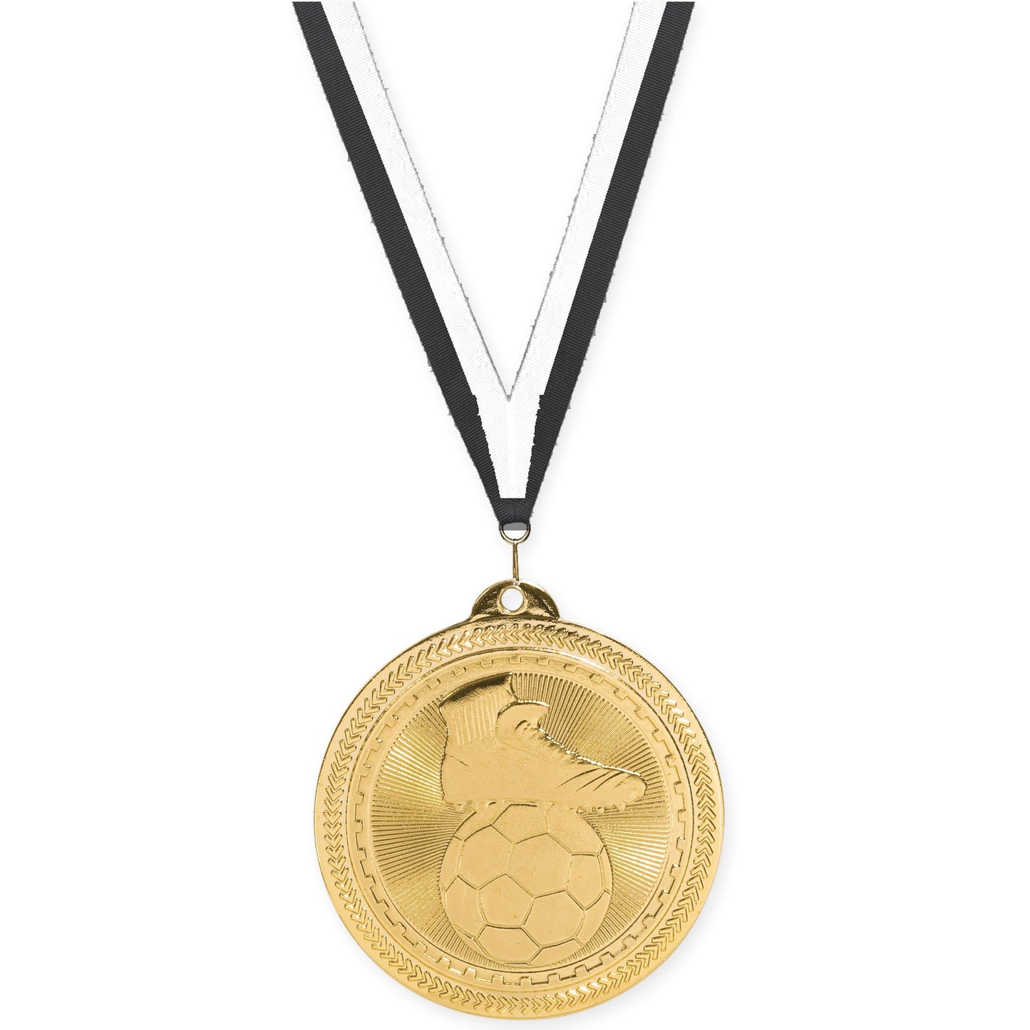 2 inch soccer medal in bright gold with Black White neck ribbon