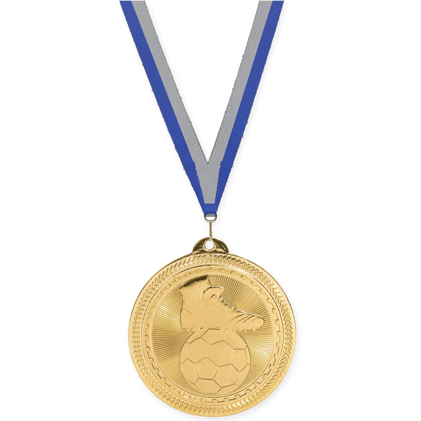 2 inch soccer medal in bright gold with Blue Gray neck ribbon