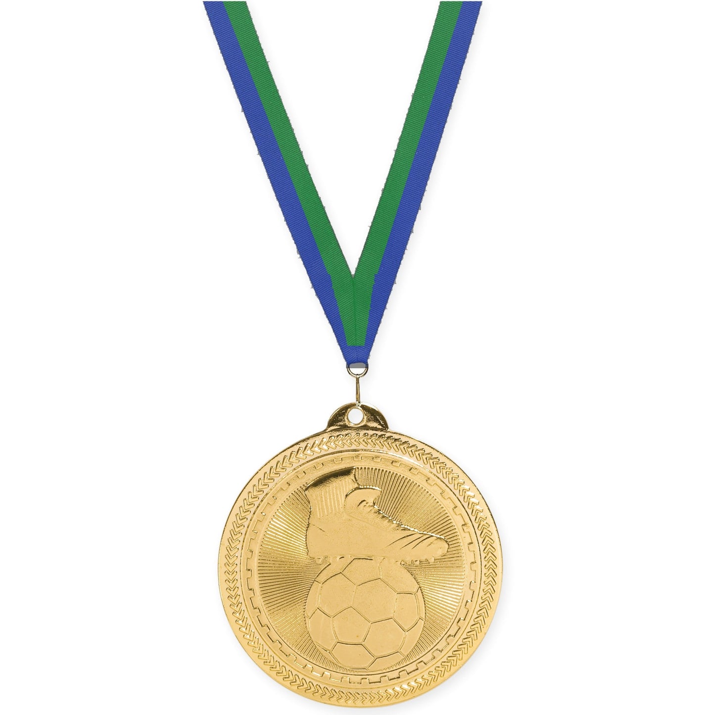 2 inch soccer medal in bright gold with Blue Green neck ribbon
