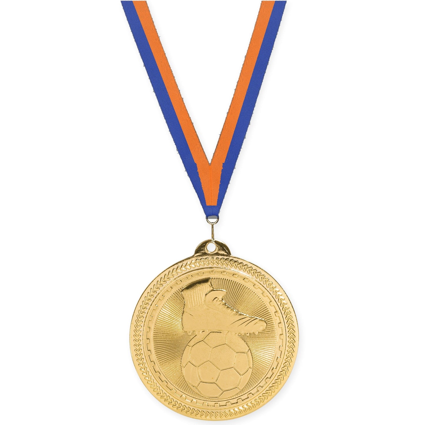 2 inch soccer medal in bright gold with Blue Orange neck ribbon