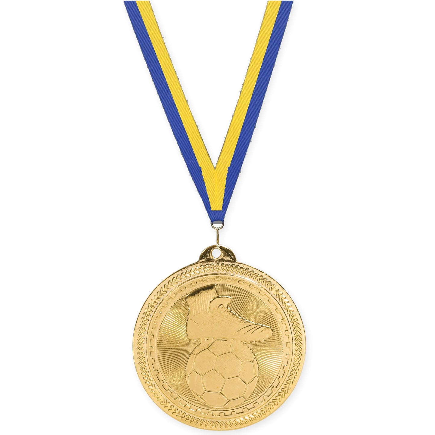 2 inch soccer medal in bright gold with Blue Yellow neck ribbon