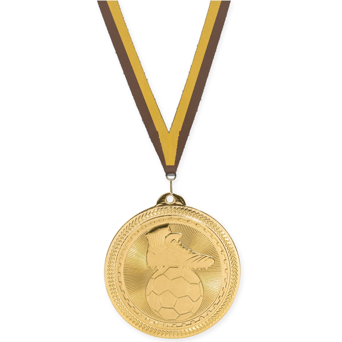 2 inch soccer medal in bright gold with Brown Gold neck ribbon