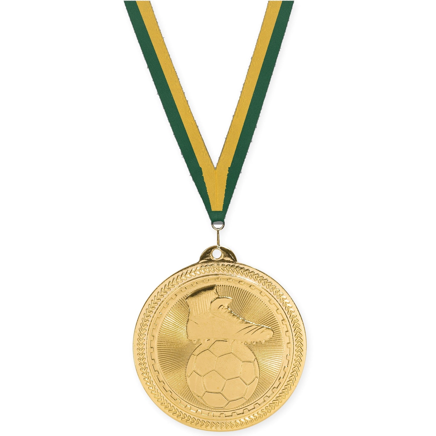 2 inch soccer medal in bright gold with Hunter Green Gold neck ribbon