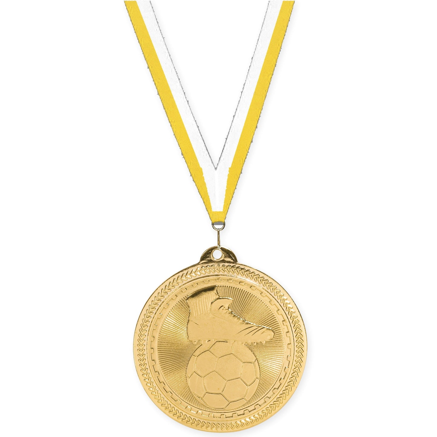 2 inch soccer medal in bright gold with Yellow White neck ribbon