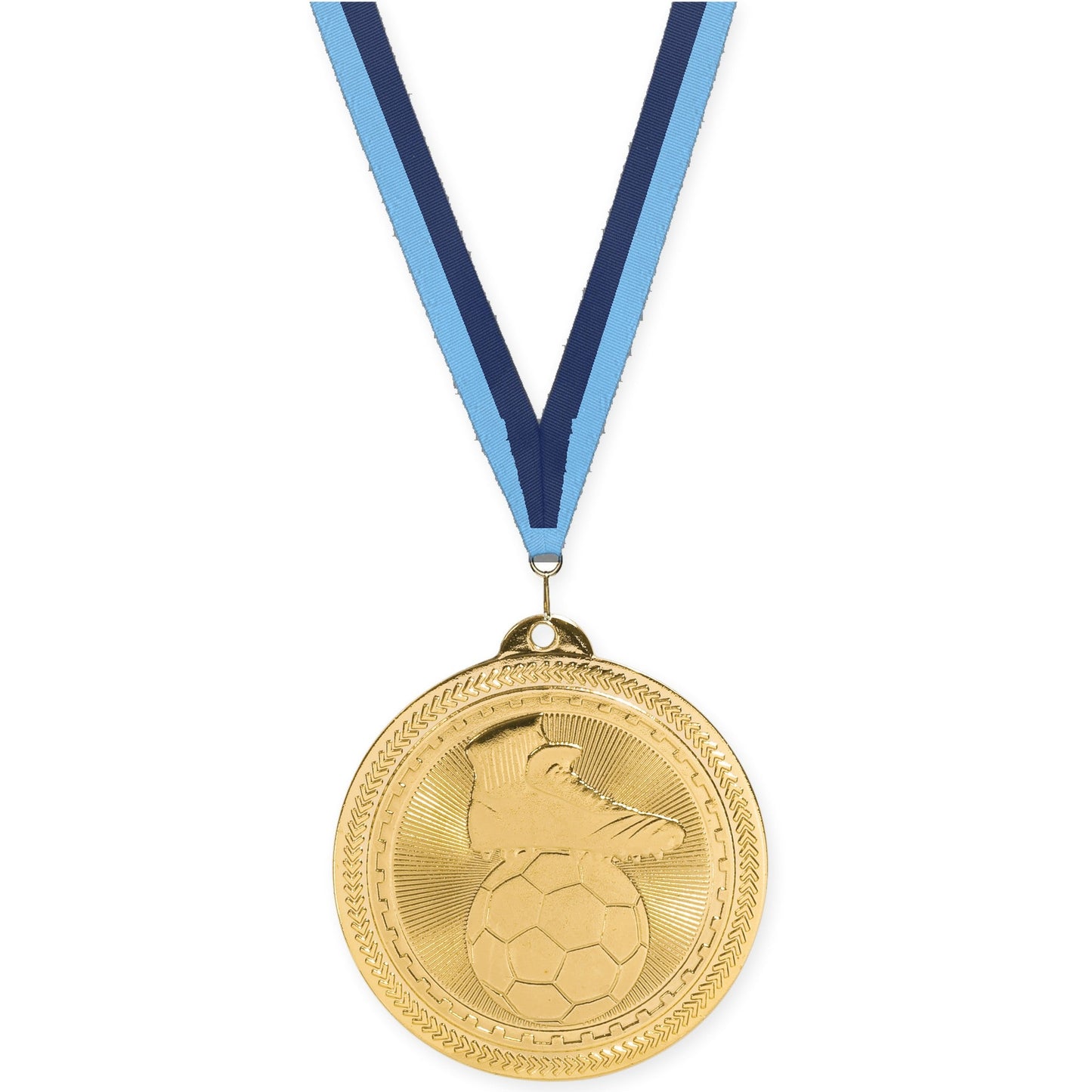 2 inch soccer medal in bright gold with Light Blue Navy neck ribbon