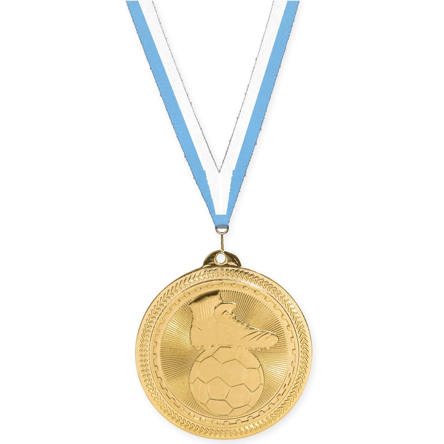 2 inch soccer medal in bright gold with Light Blue White neck ribbon