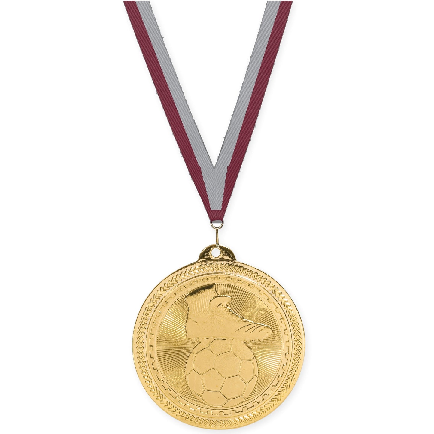 2 inch soccer medal in bright gold with Maroon Gray neck ribbon