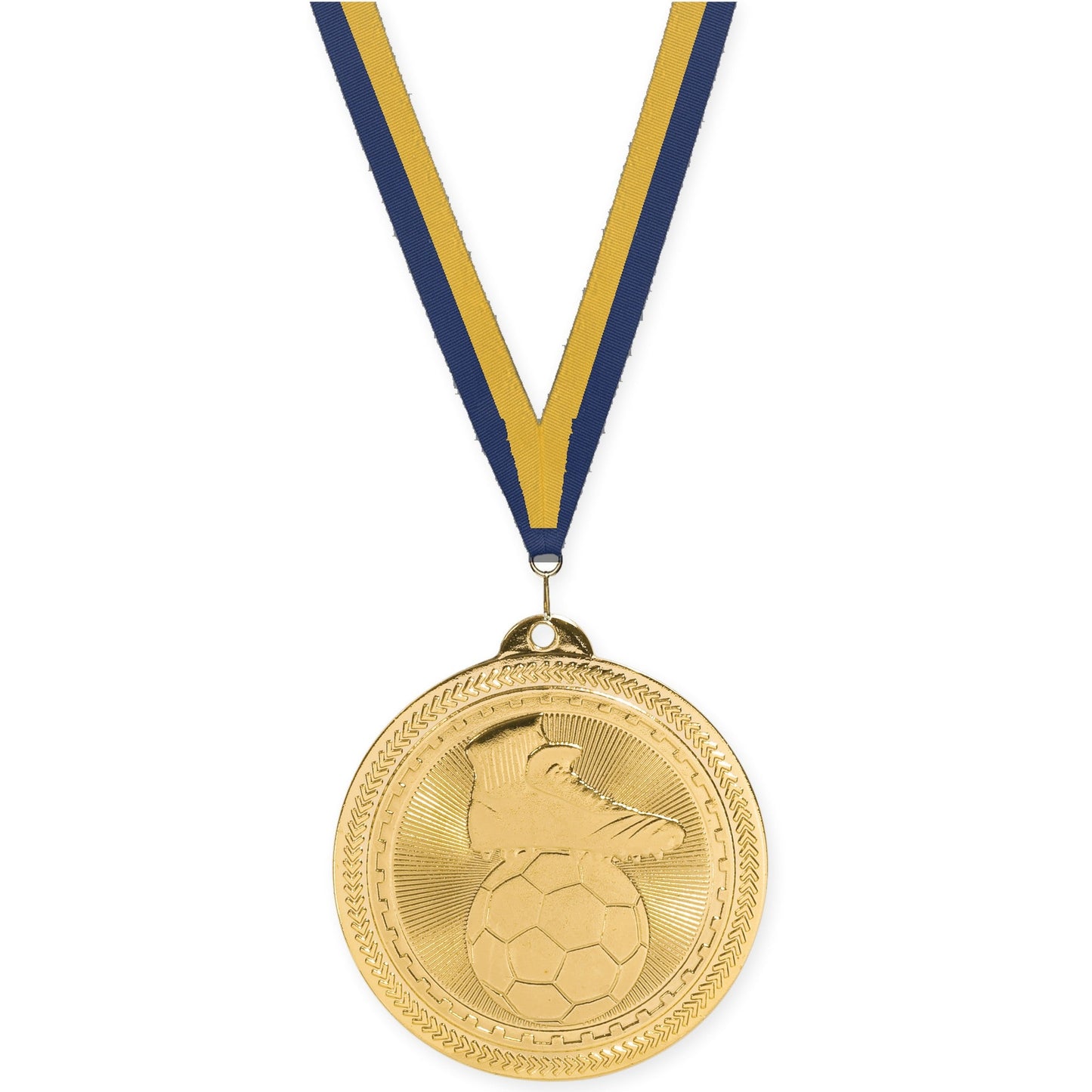 2 inch soccer medal in bright gold with Navy Gold neck ribbon