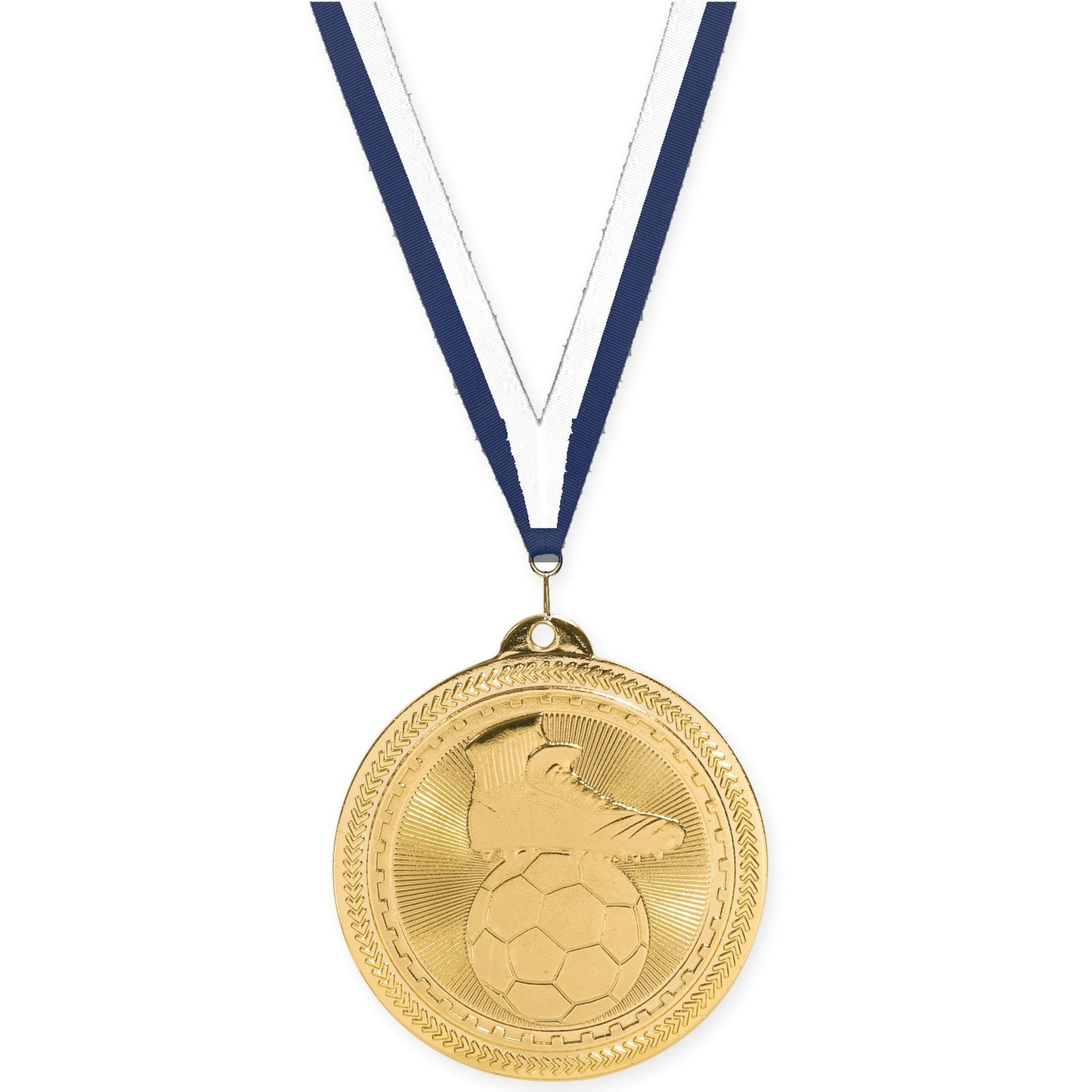 2 inch soccer medal in bright gold with Navy White neck ribbon