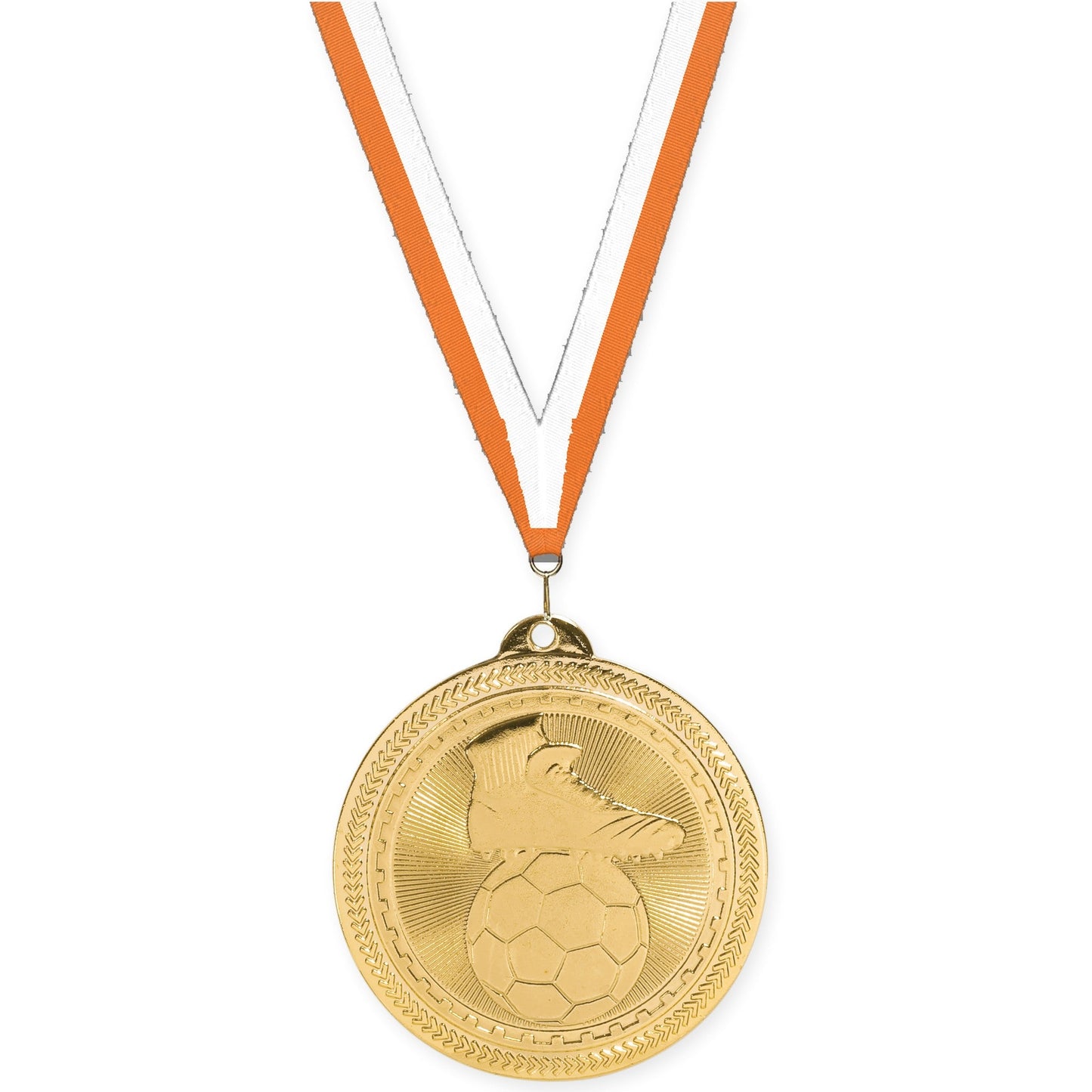 2 inch soccer medal in bright gold with Orange White neck ribbon