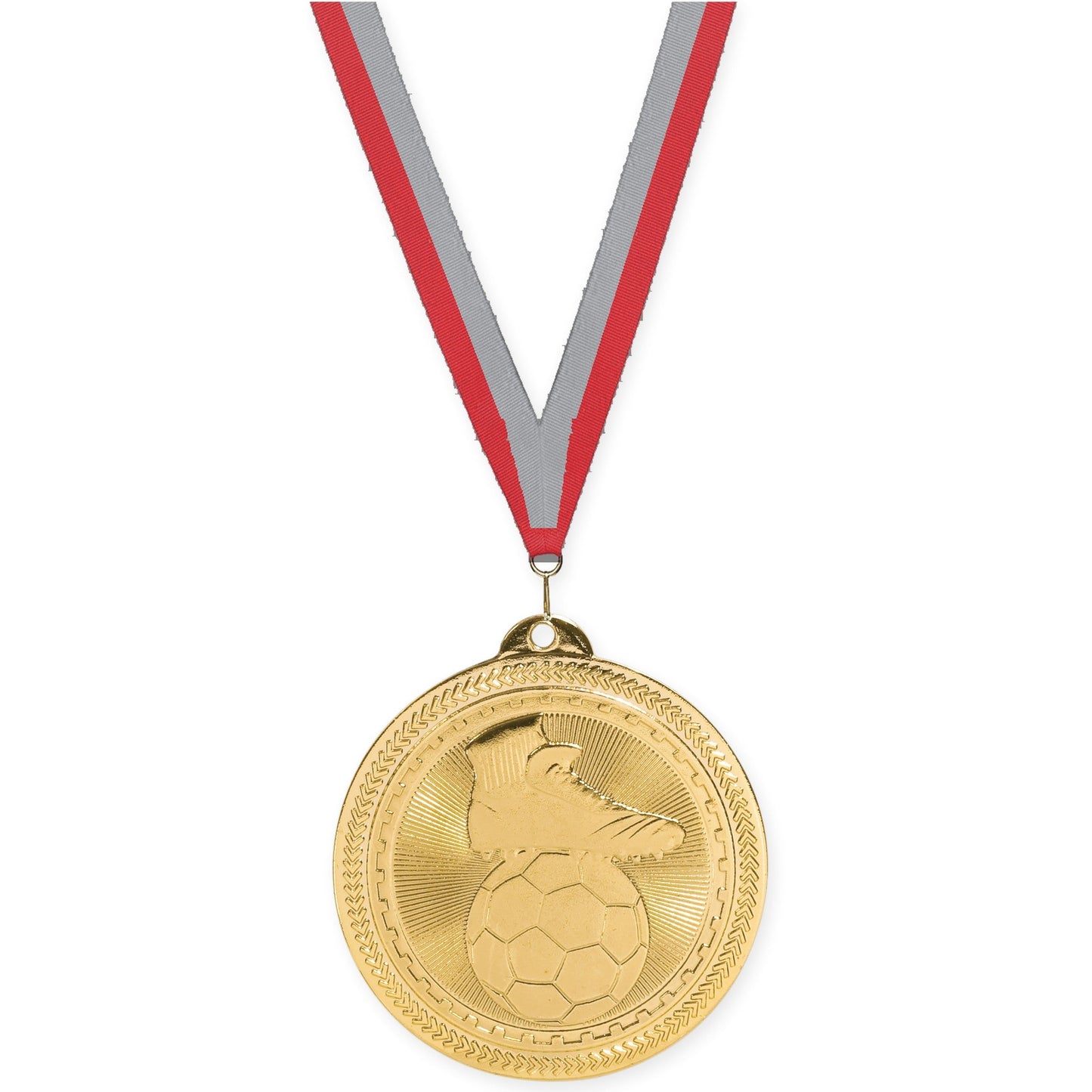 2 inch soccer medal in bright gold with Red Gray neck ribbon