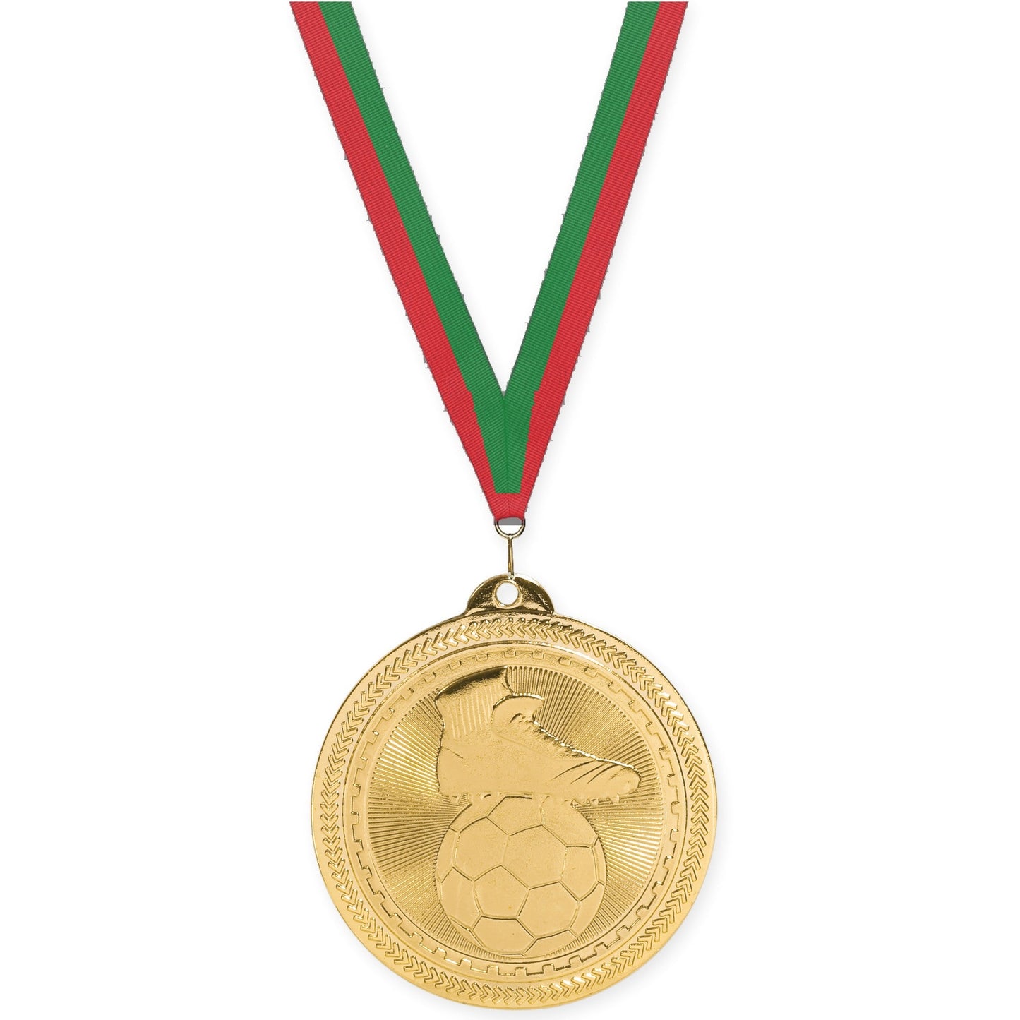 2 inch soccer medal in bright gold with Red Green neck ribbon