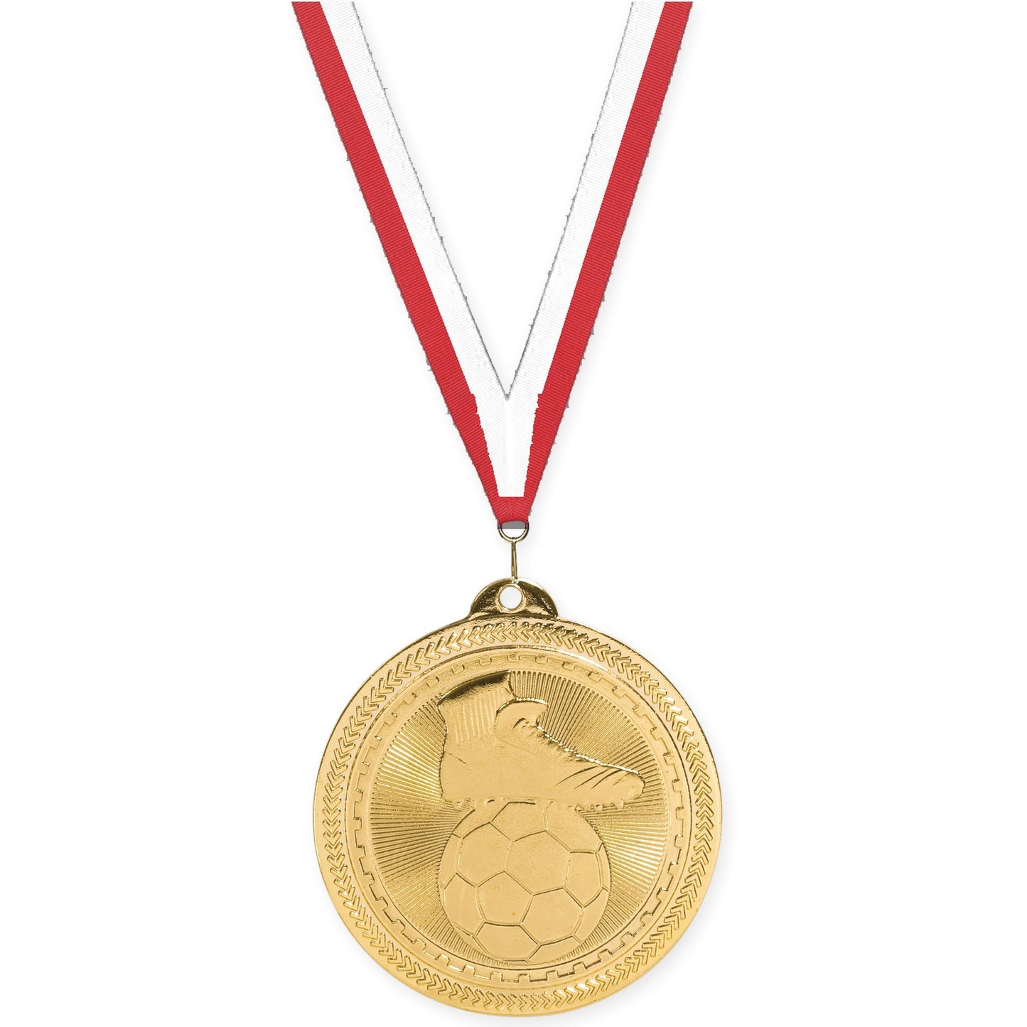 2 inch soccer medal in bright gold with Red White neck ribbon