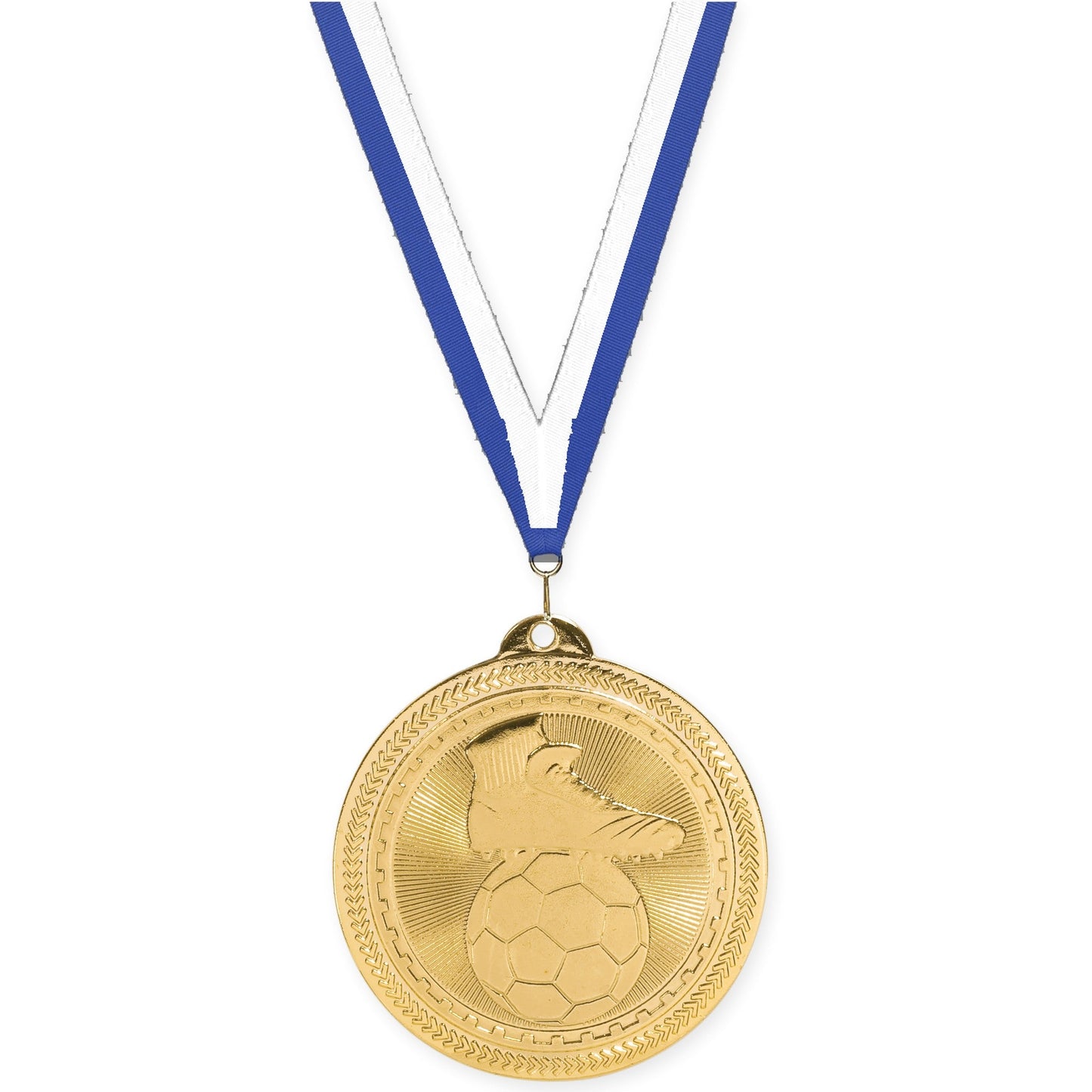 2 inch soccer medal in bright gold with Blue White neck ribbon