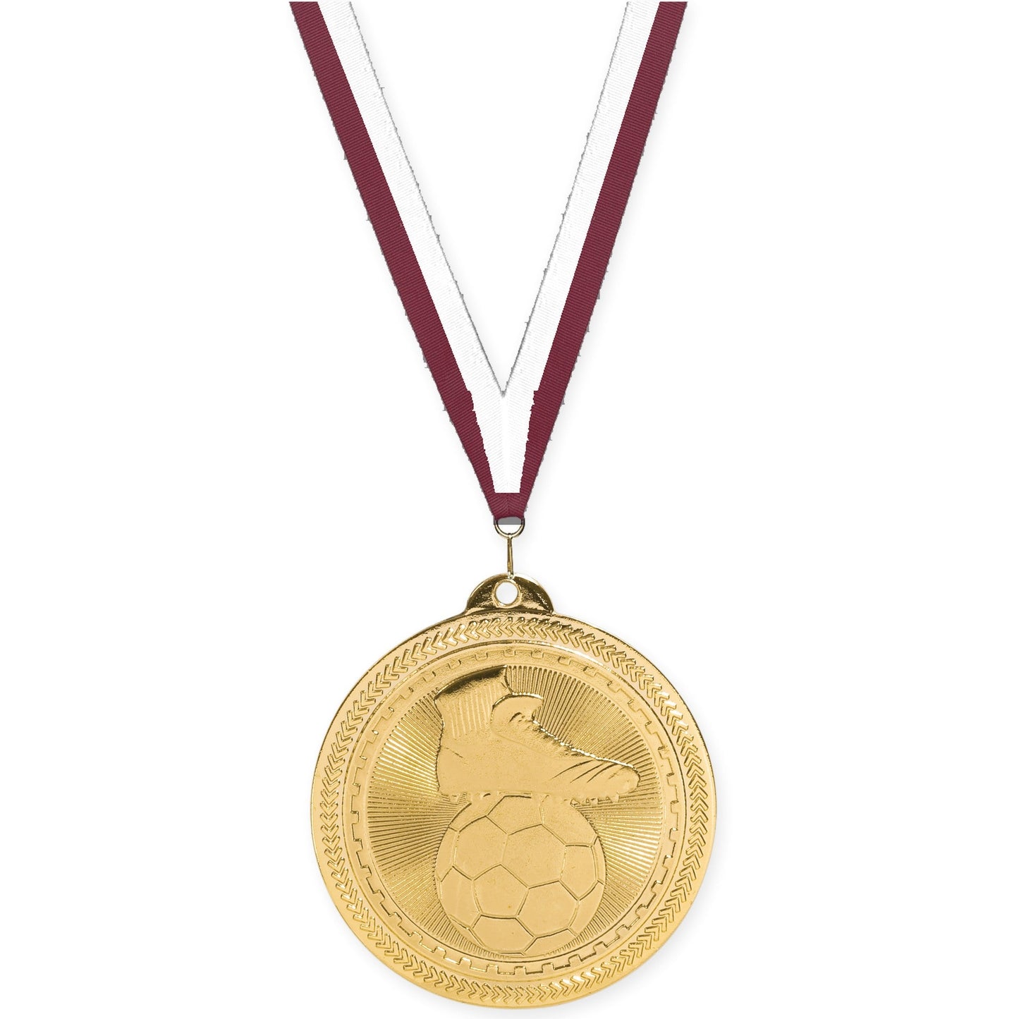 2 inch soccer medal in bright gold with Maroon White neck ribbon