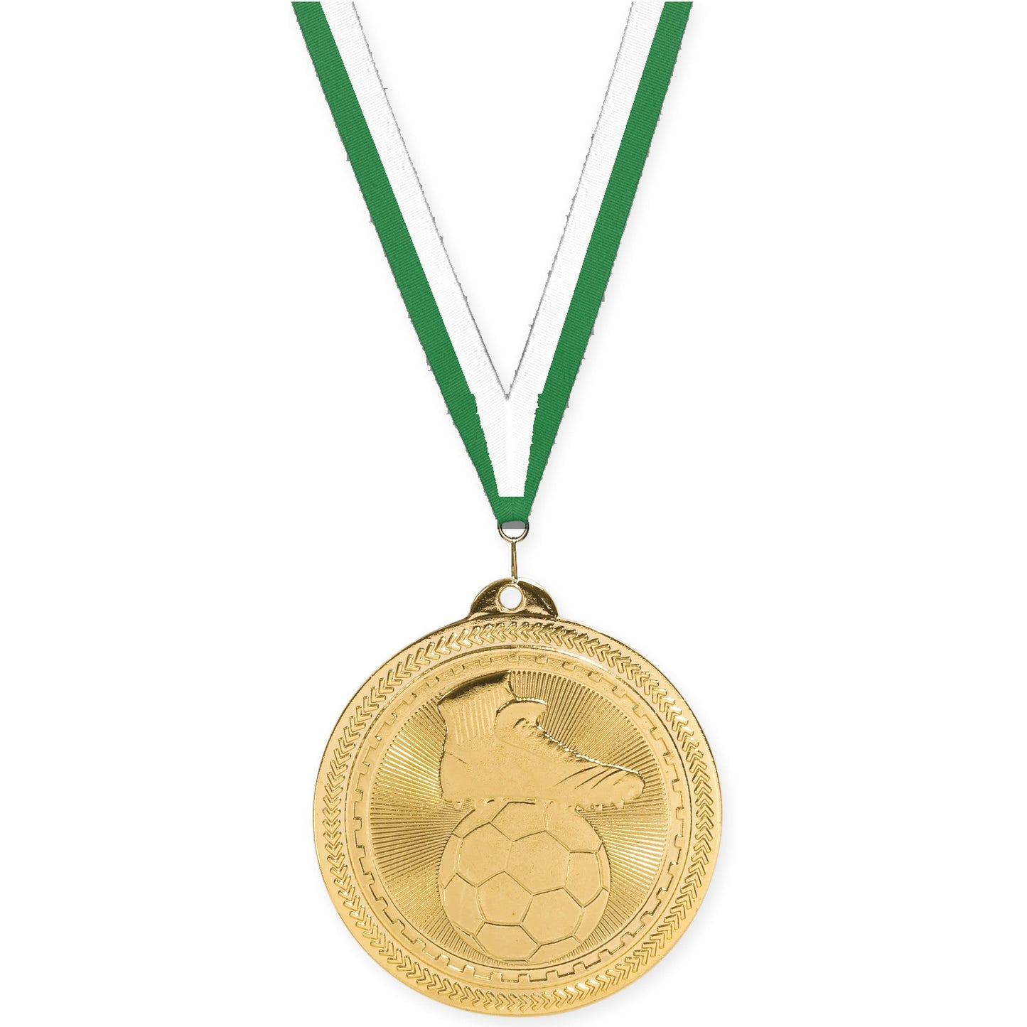 2 inch soccer medal in bright gold with Green White neck ribbon