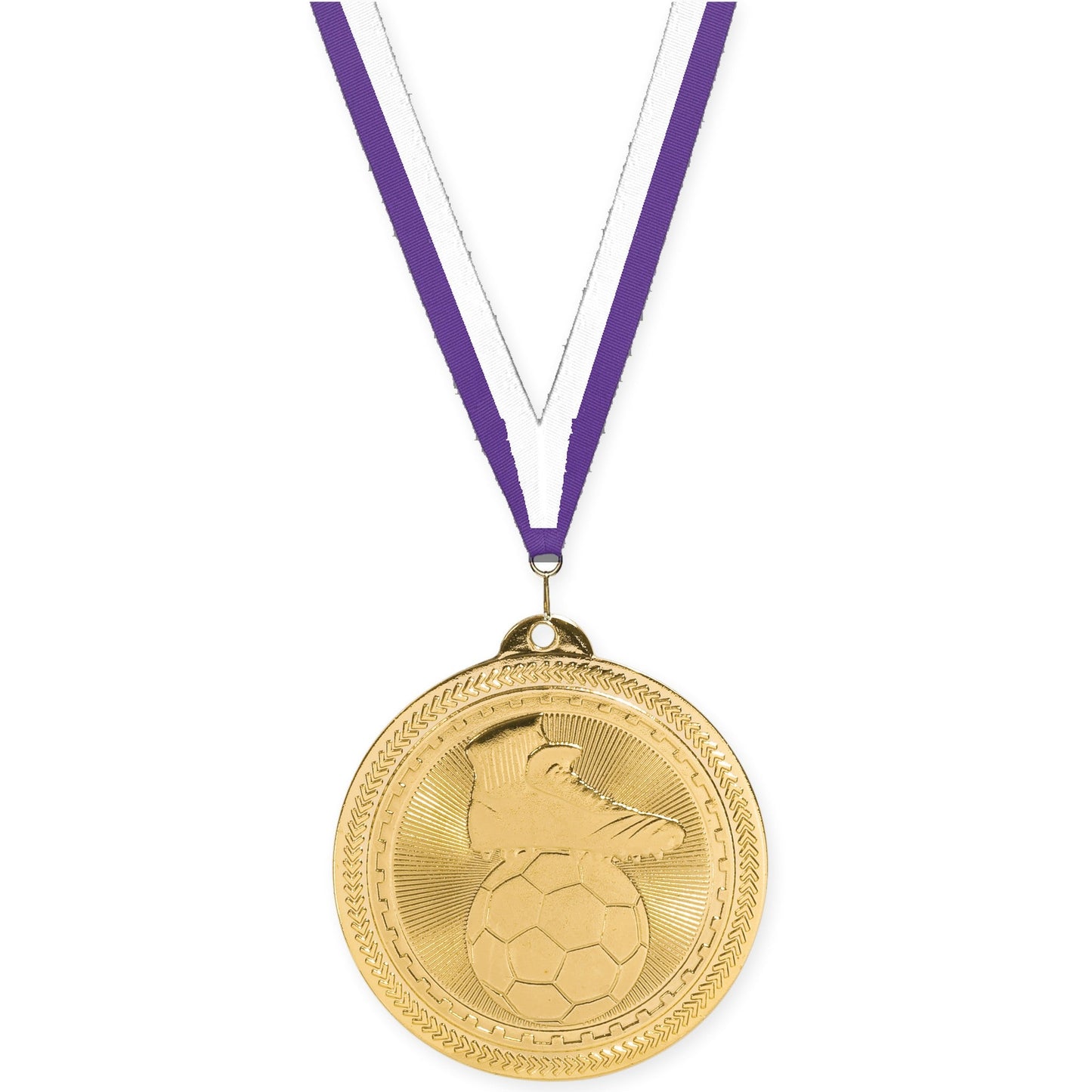 2 inch soccer medal in bright gold with Purple White neck ribbon
