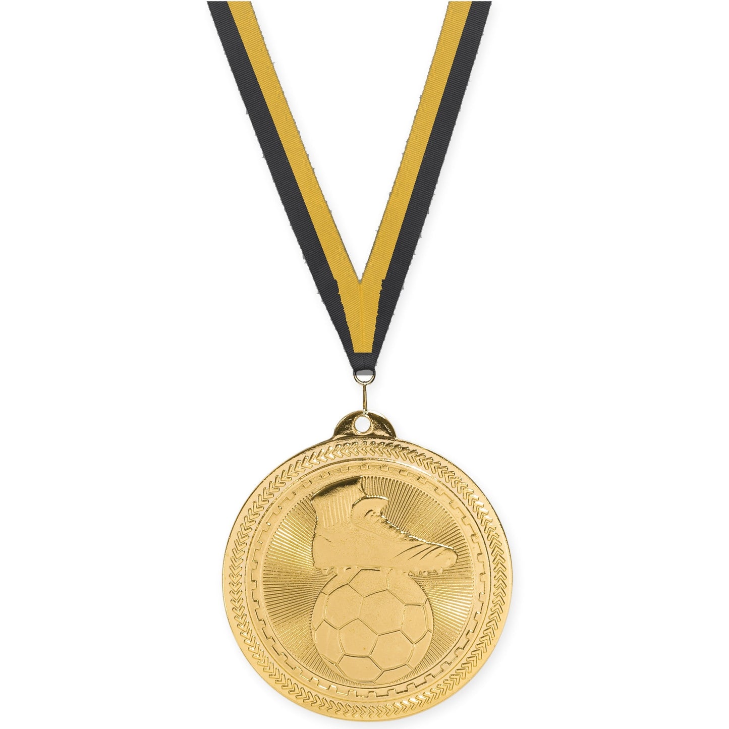 2 inch soccer medal in bright gold with Black Gold neck ribbon