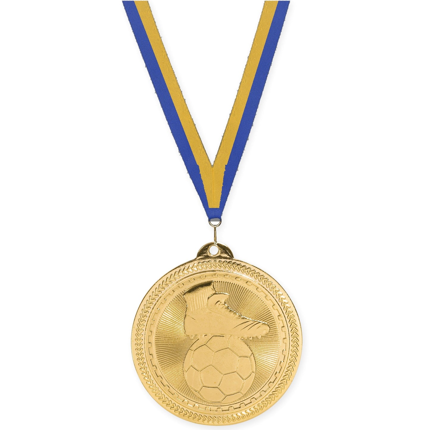 2 inch soccer medal in bright gold with Blue Gold neck ribbon
