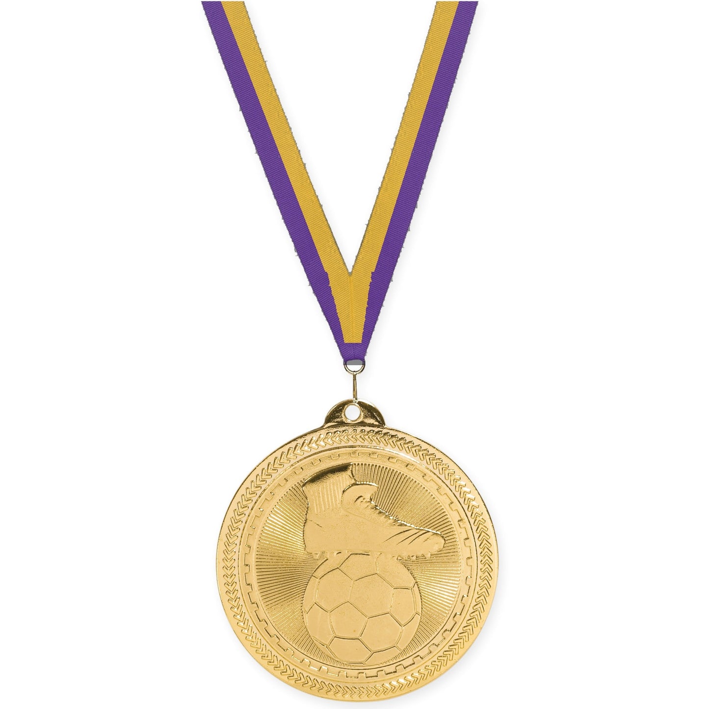 2 inch soccer medal in bright gold with Purple Gold neck ribbon