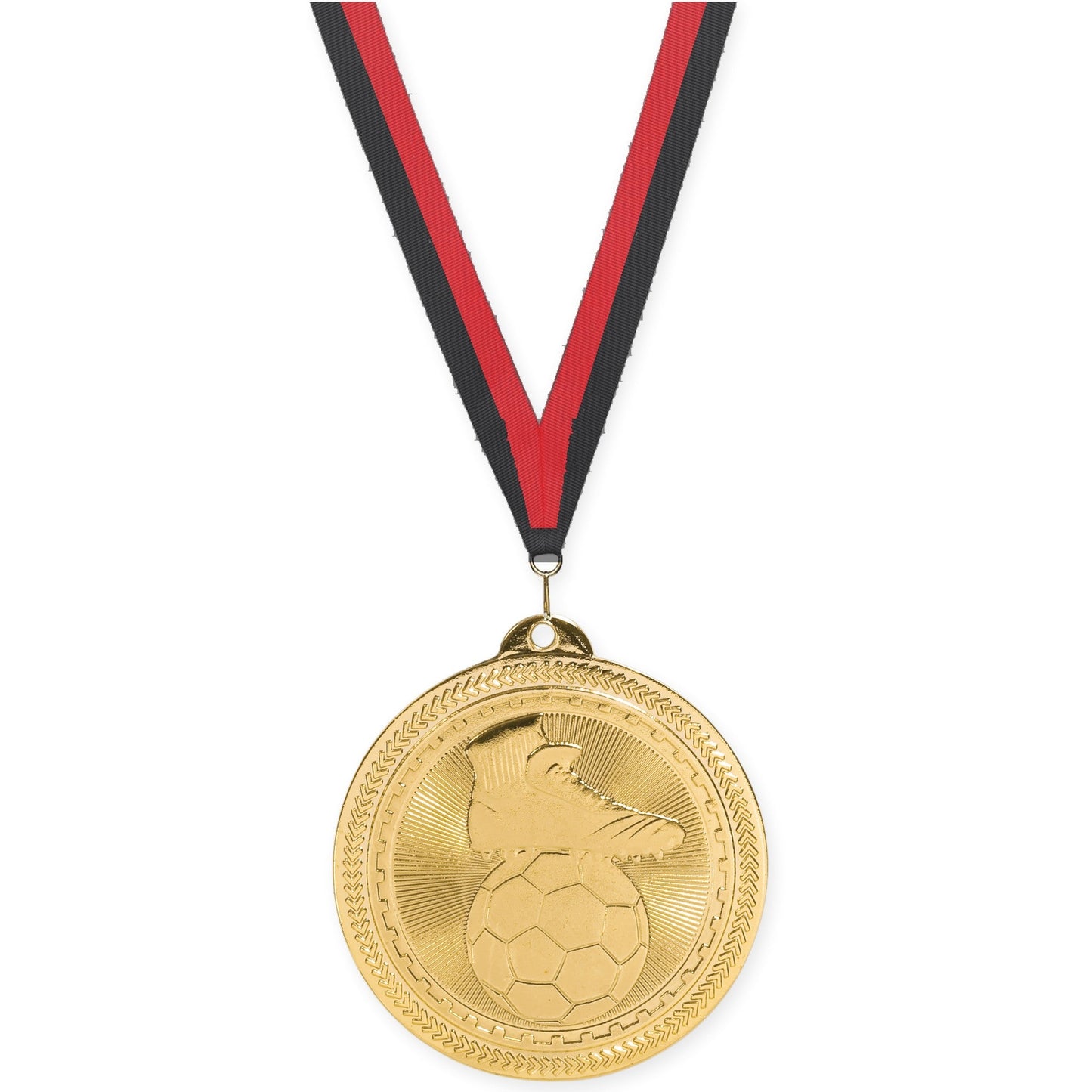 2 inch soccer medal in bright gold with Black Red neck ribbon